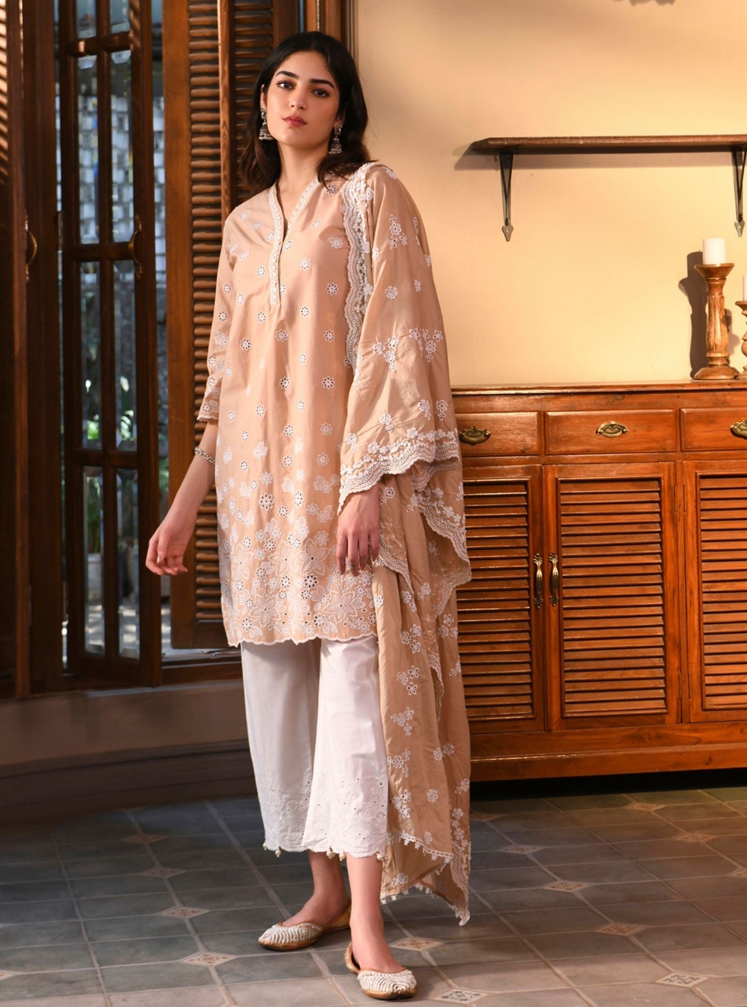 Mulmul Cotton Irsia Beige Kurta With Mulmul Cotton Revora White Pant