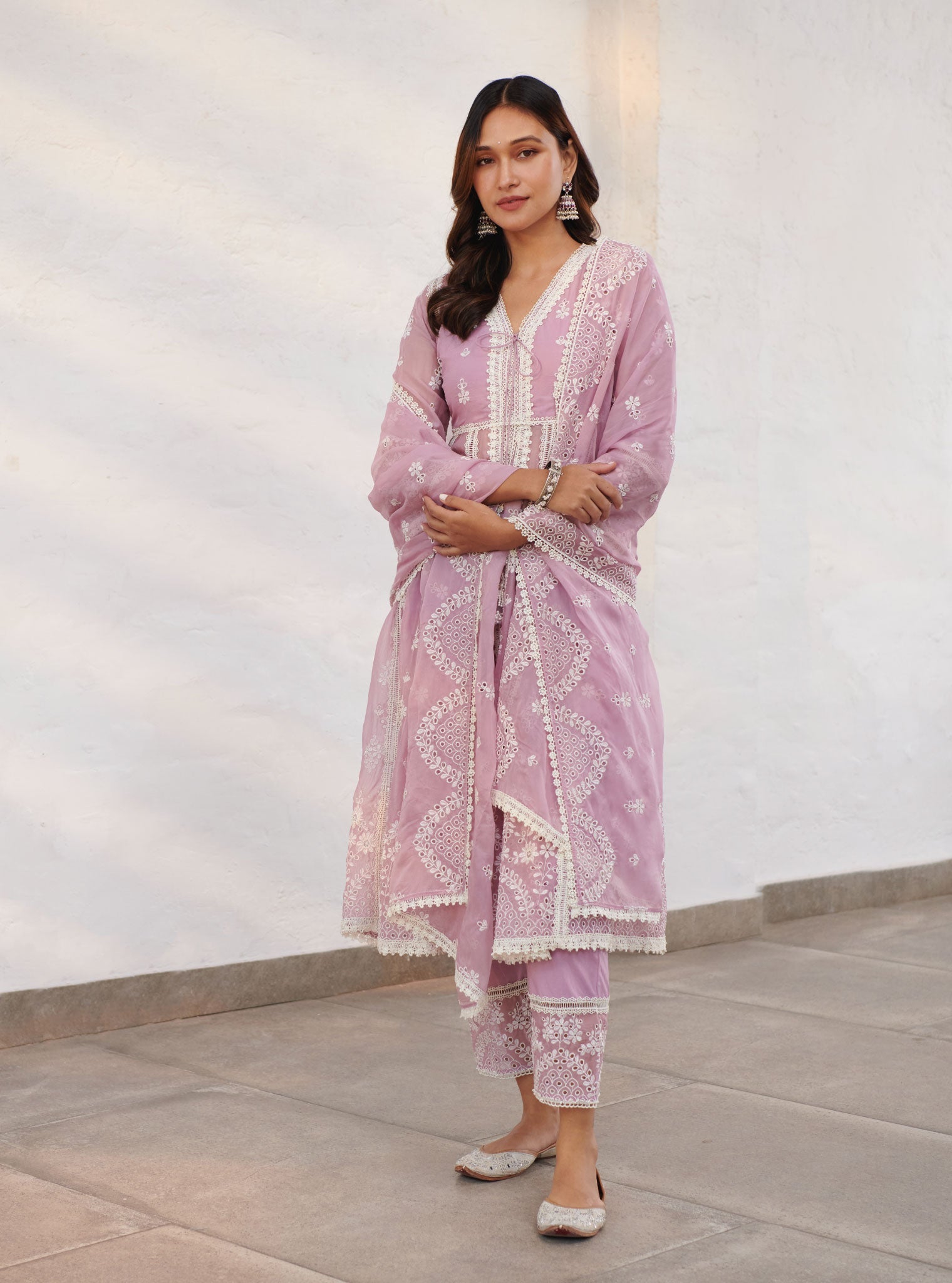 Mulmul Organza Sheffield Lilac Anarkali Kurta With Cotton Sheffield Lilac Pant