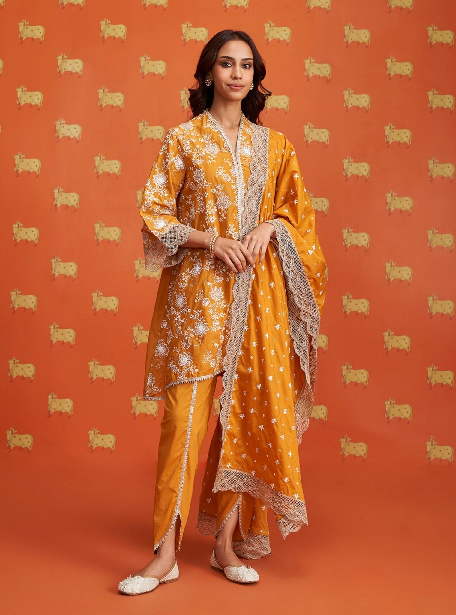 Mulmul Cotton Komen Mustard Kurta With Mulmul Cotton Komen Mustard Dhoti Pant