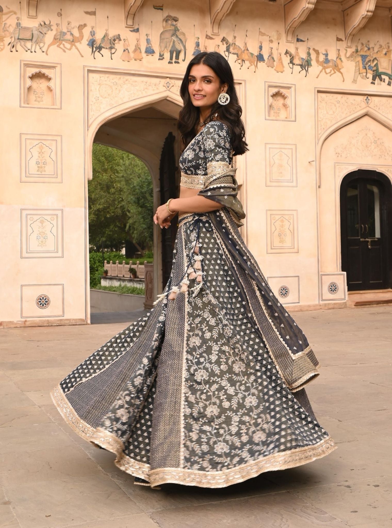 Mulmul Luxe Tissue Satin Deewani Navy Lehenga