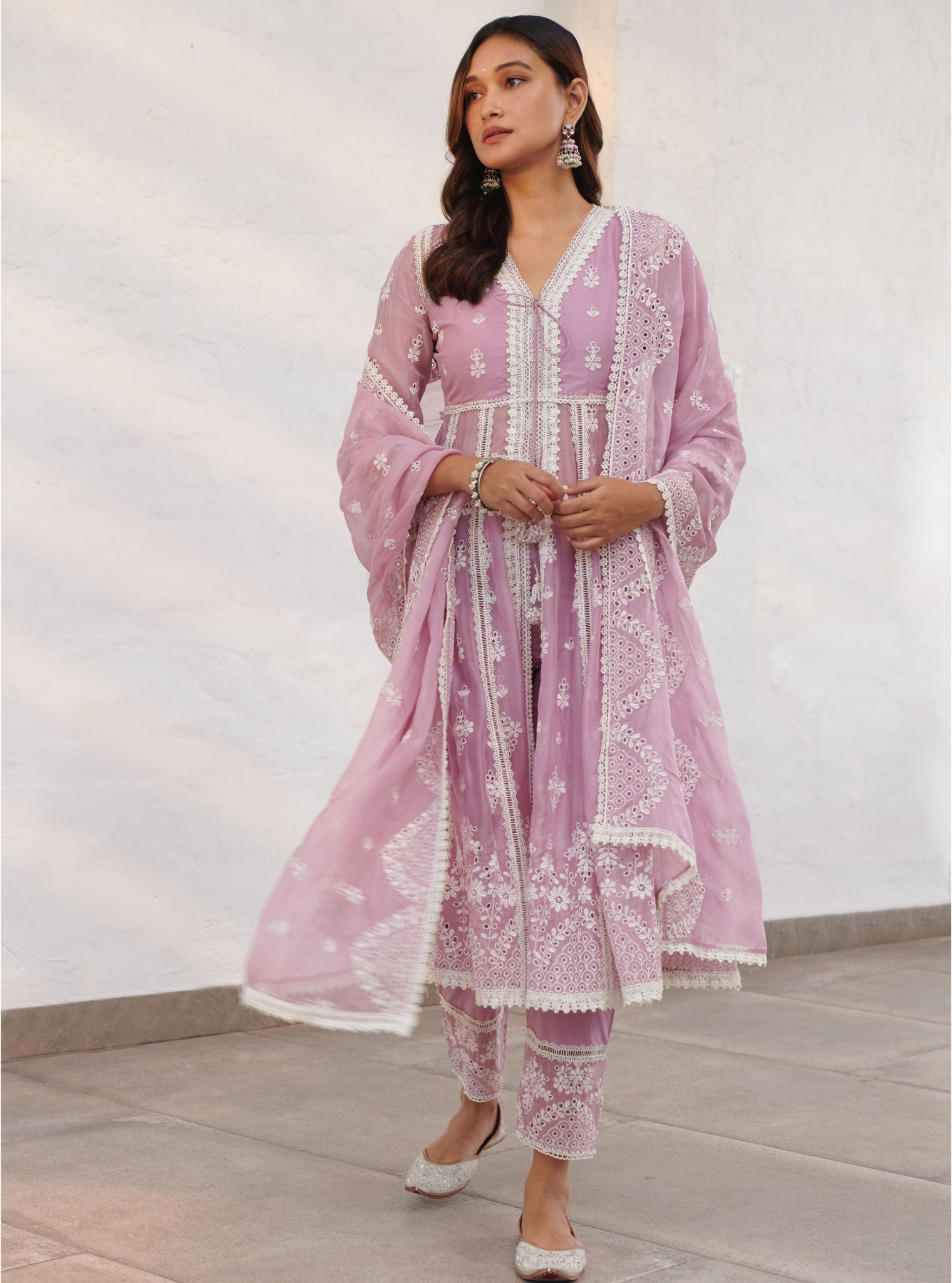 Mulmul Organza Sheffield Lilac Anarkali Kurta With Cotton Sheffield Lilac Pant