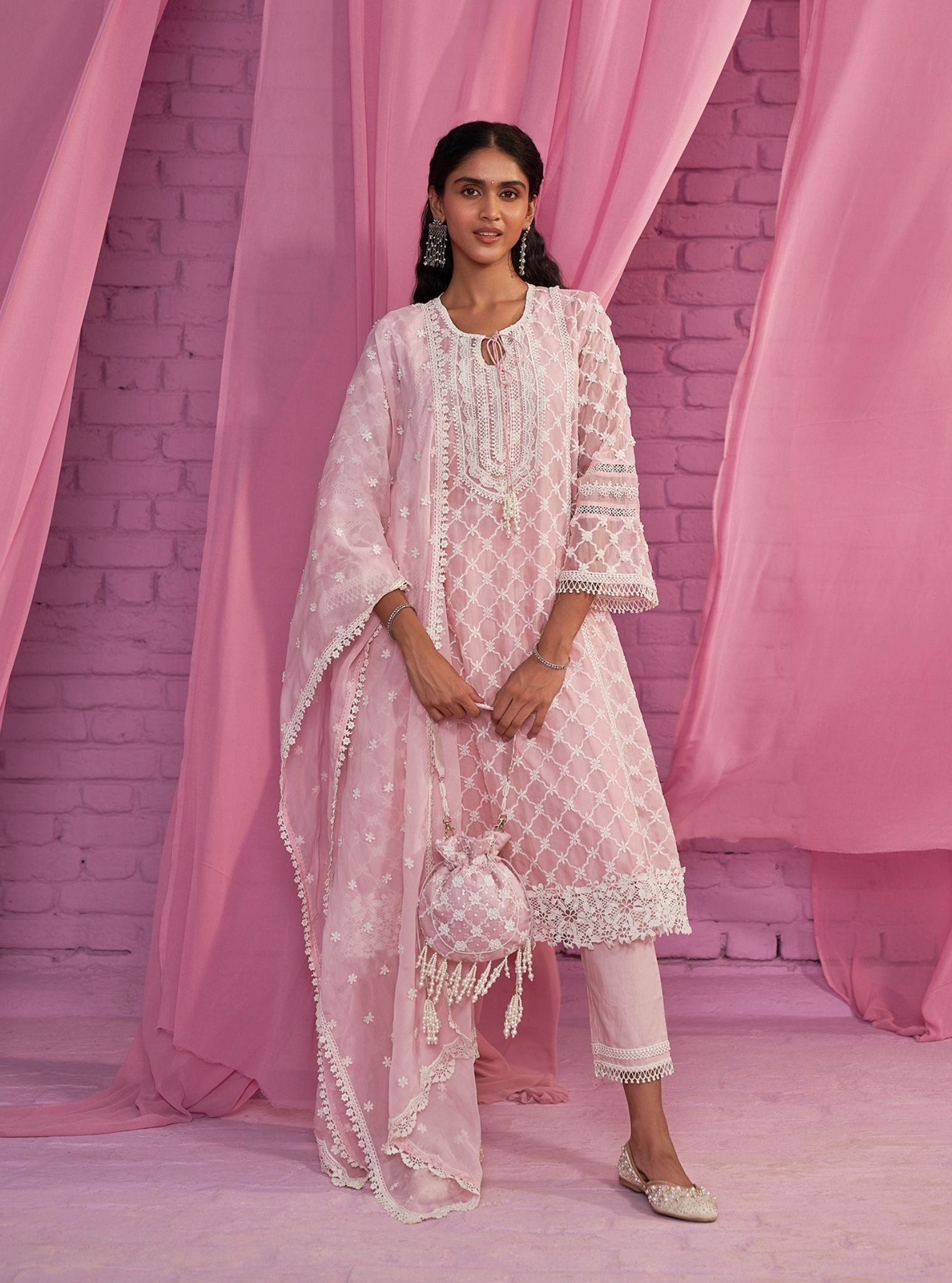 Mulmul Organza Percy Pink Anarkali Kurta With Mulmul Cotton Percy Pink Pant