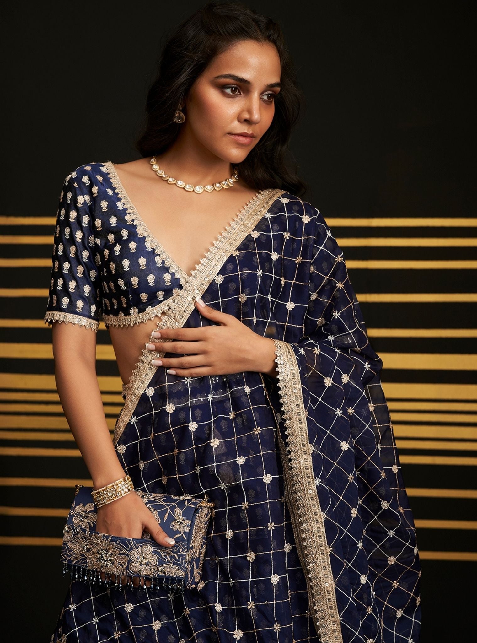 Mulmul Tissue Linen Satin Heeriye Navy lehenga