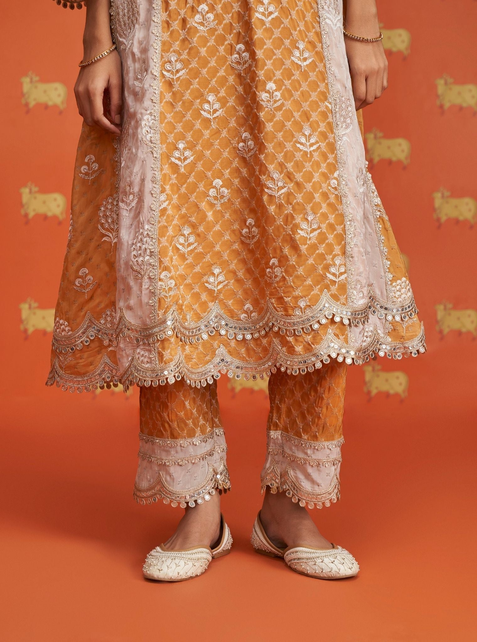 Mulmul Banarsi Kairee Mustard Kurta With Mulmul Banarsi Kairee Mustard Pant