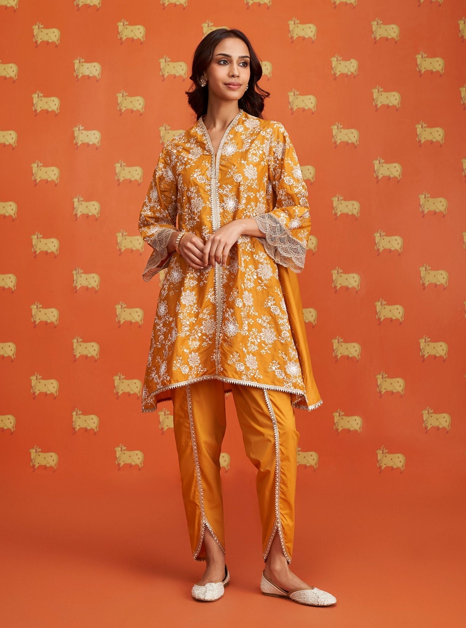 Mulmul Cotton Komen Mustard Kurta With Mulmul Cotton Komen Mustard Dhoti Pant