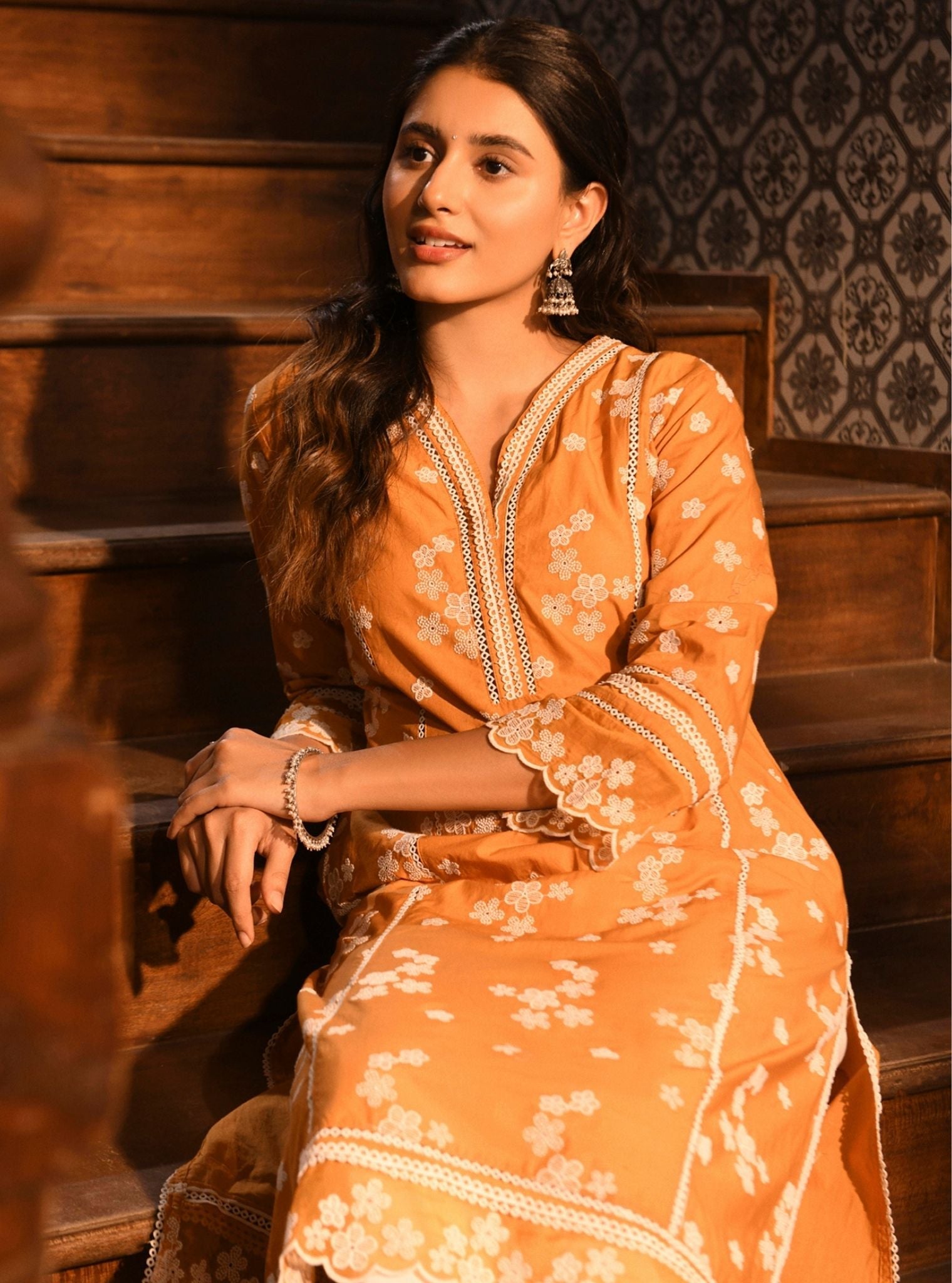 Mulmul Cotton Malisa Orange Kurta With Mulmul Cotton Floral Chemical Lace White Pant