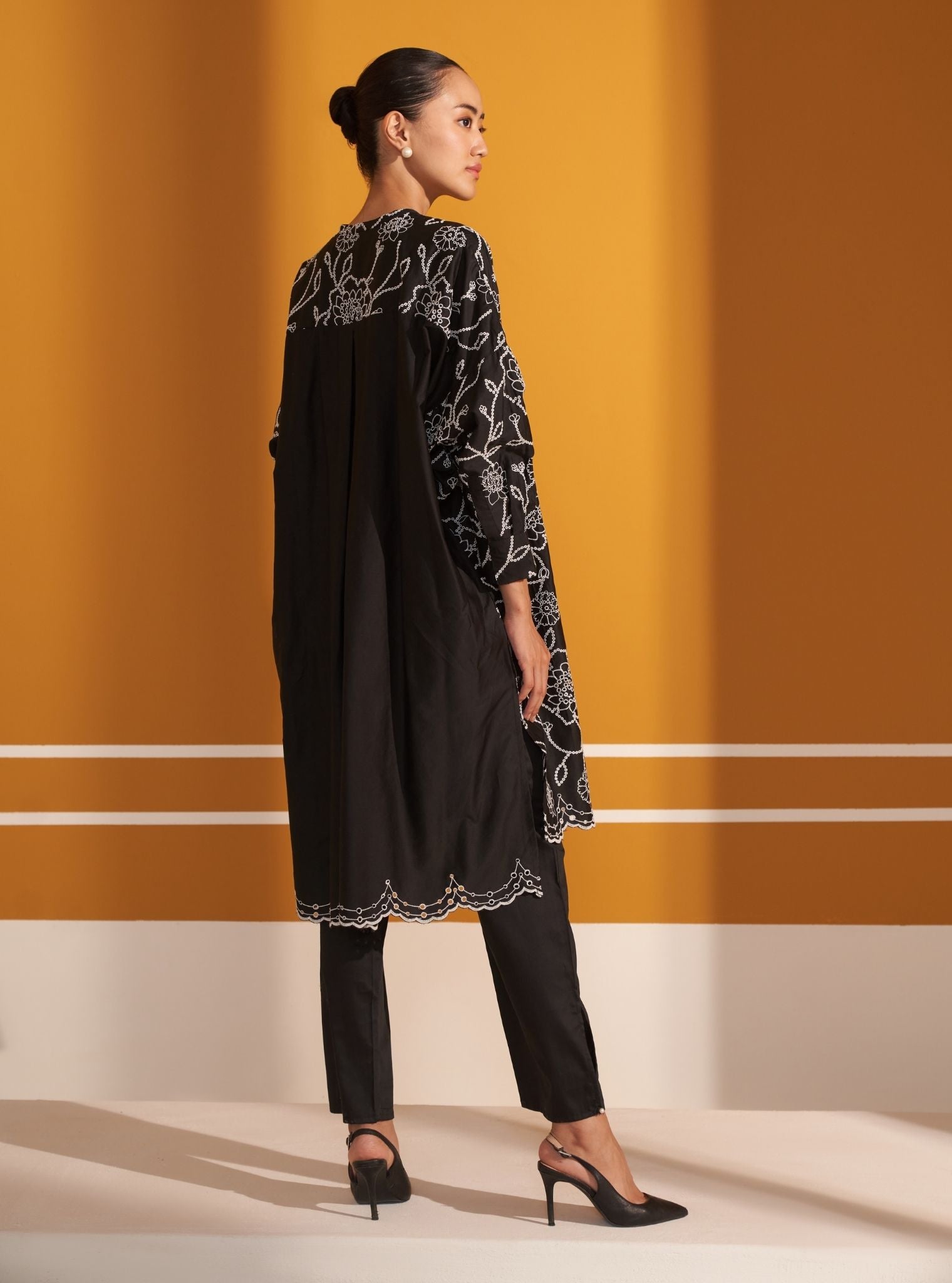 Mulmul Pima Satin Eldon Black Kurta with Mulmul Pima Satin Eldon Black Pant