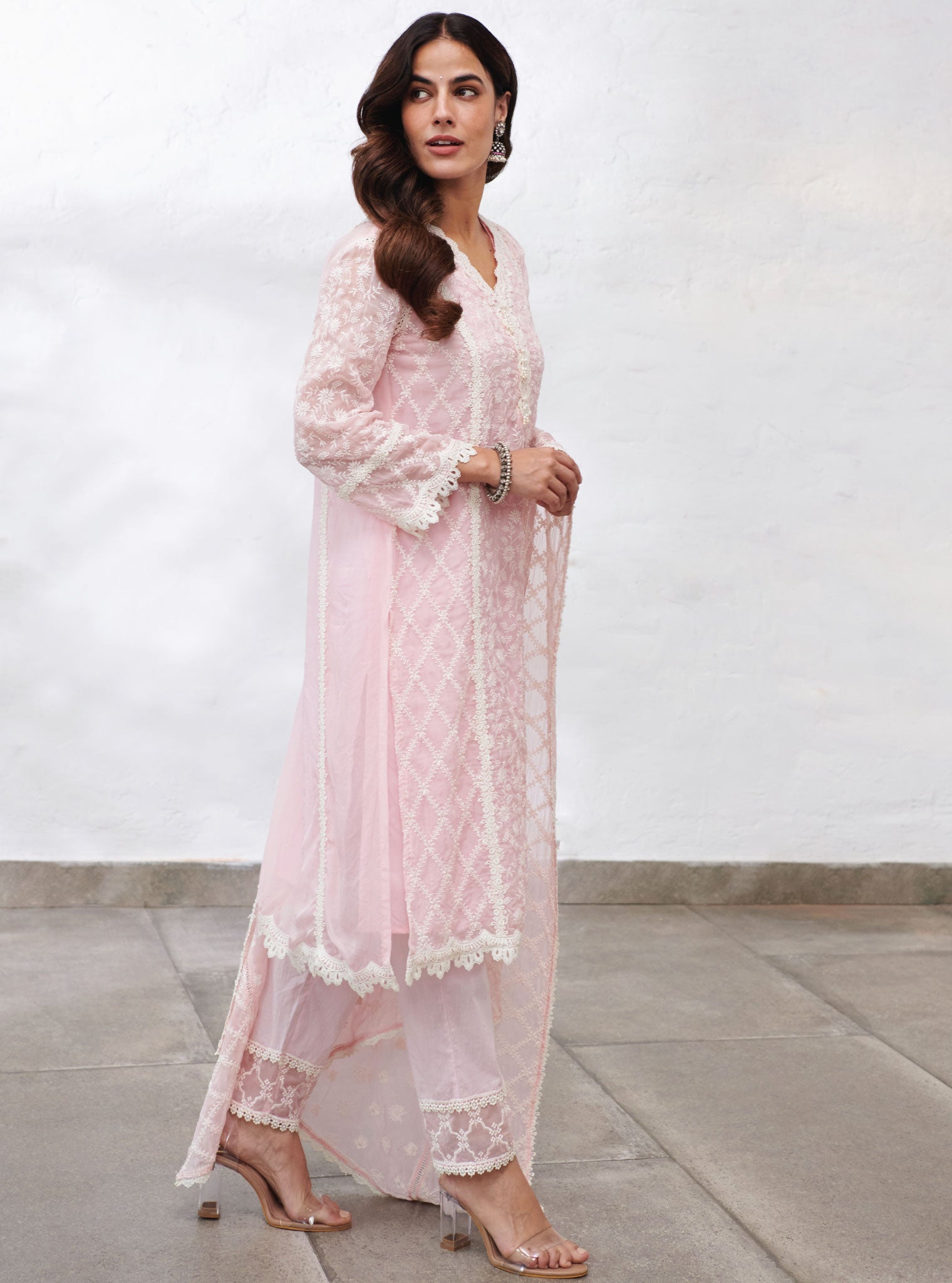 Mulmul Organza Sunderland Pink Kurta With Cotton Sunderland Pink Pant