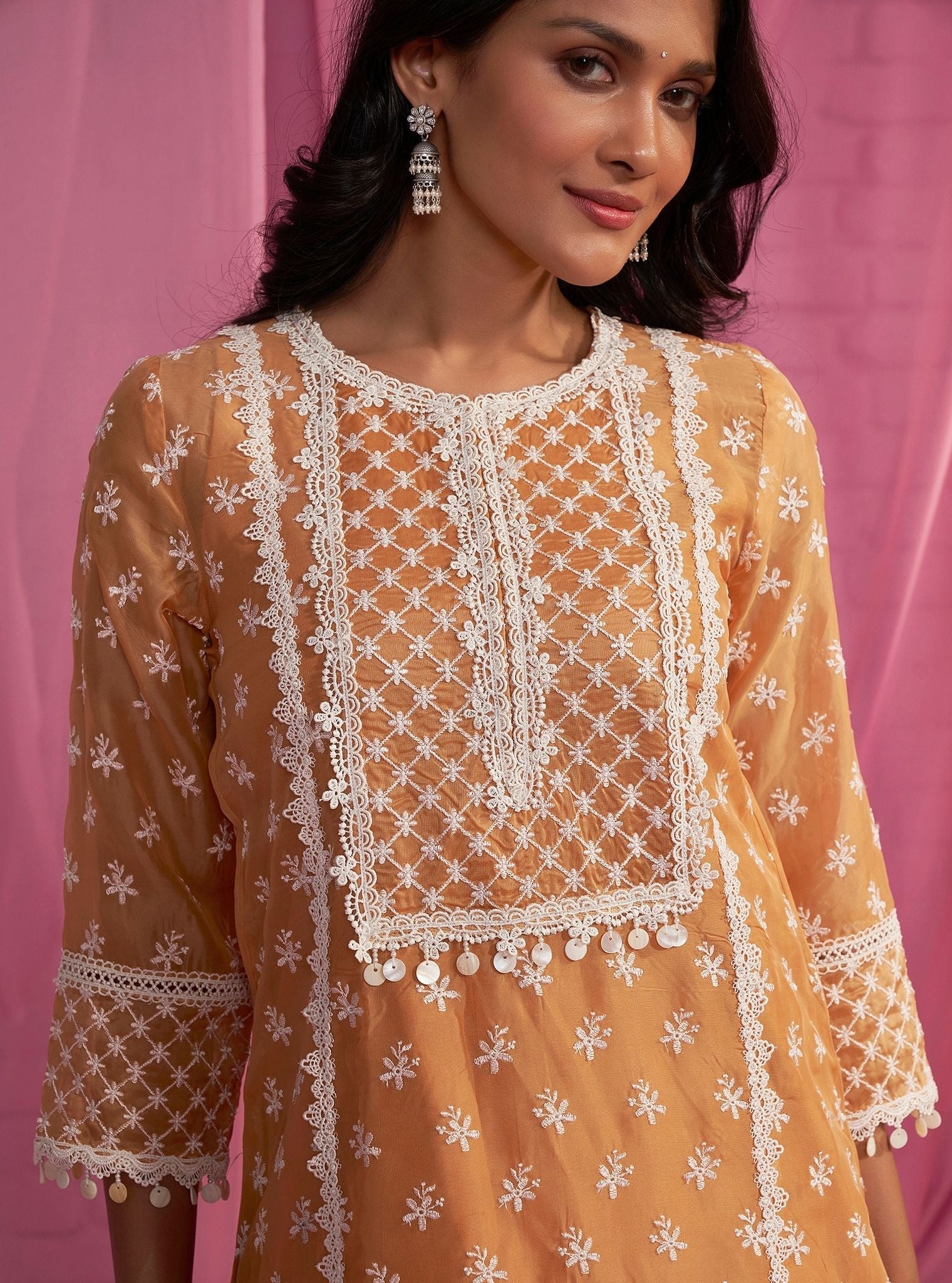 Mulmul Organza Raaga Orange Kurta With Mulmul Organza Raaga Orange Pant