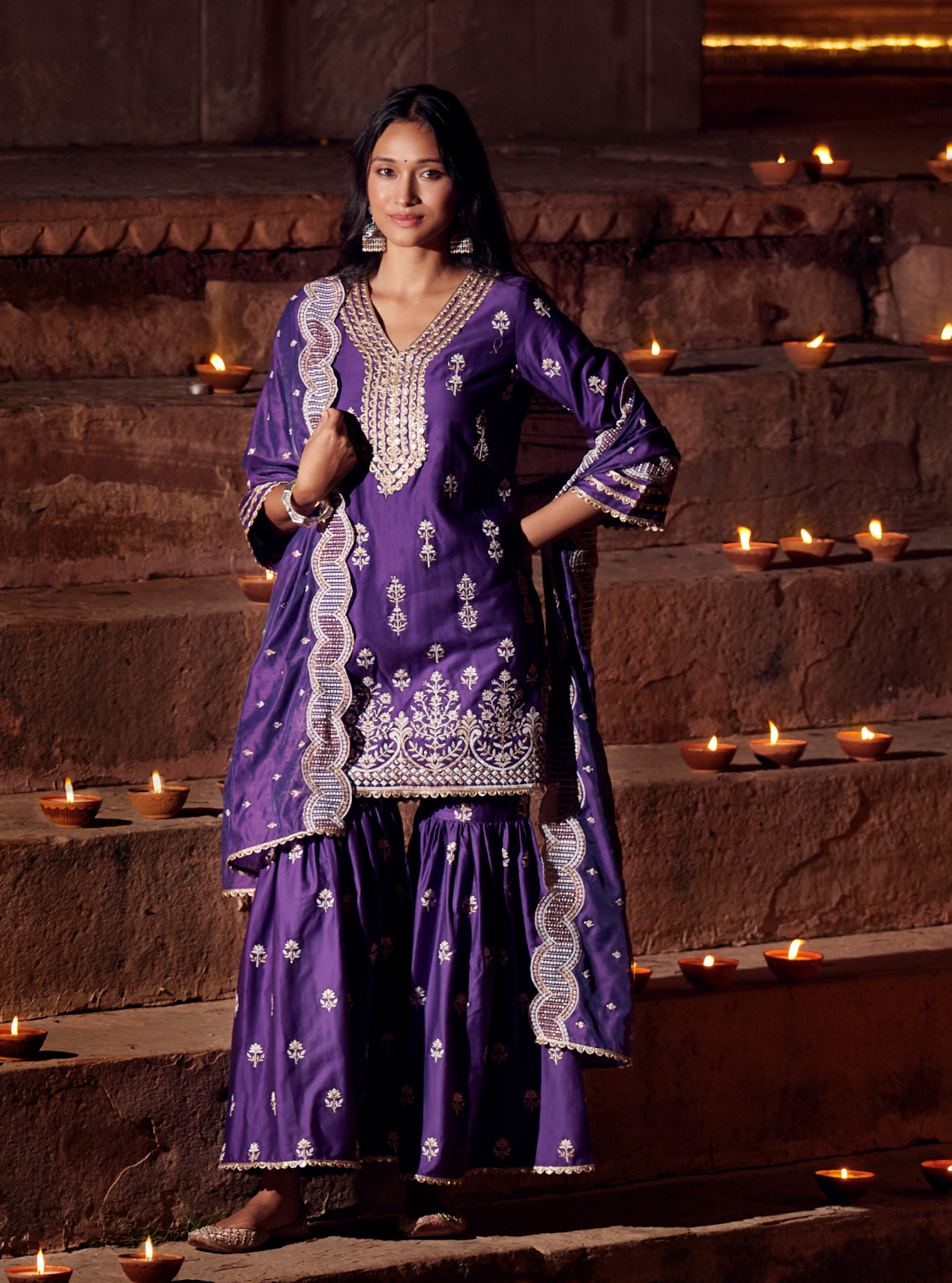 Mulmul Pima Satin Avathi Purple Kurta With Avathi Purple Garara