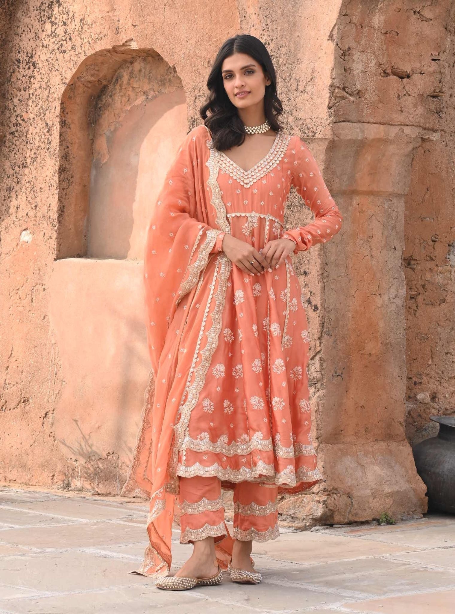 Mulmul Organza Satin Tareefan Burnt Orange Anarkali Kurta with Mulmul Modal Satin Tareefan Burnt Orange Pant