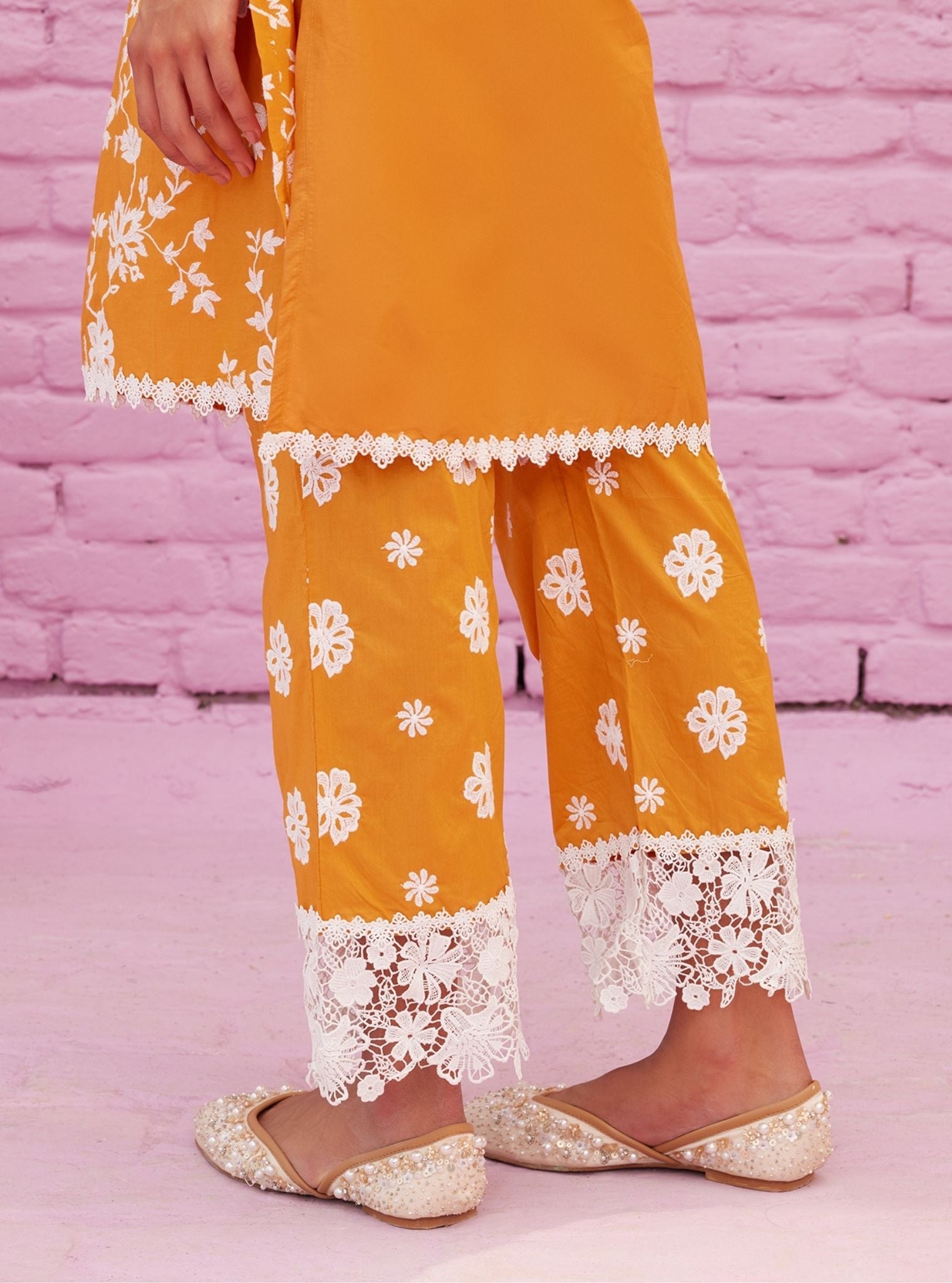 Mulmul Cotton Roli Orange Kurta With Mulmul Cotton Roli Orange Pant