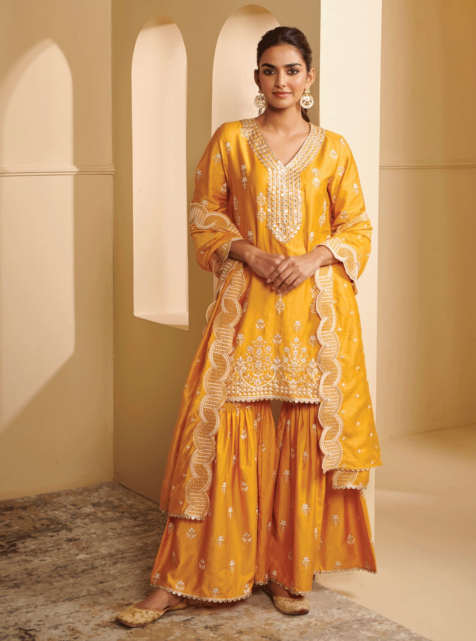 Mulmul Pima Satin Avathi Yellow Kurta With Avathi Yellow Garara