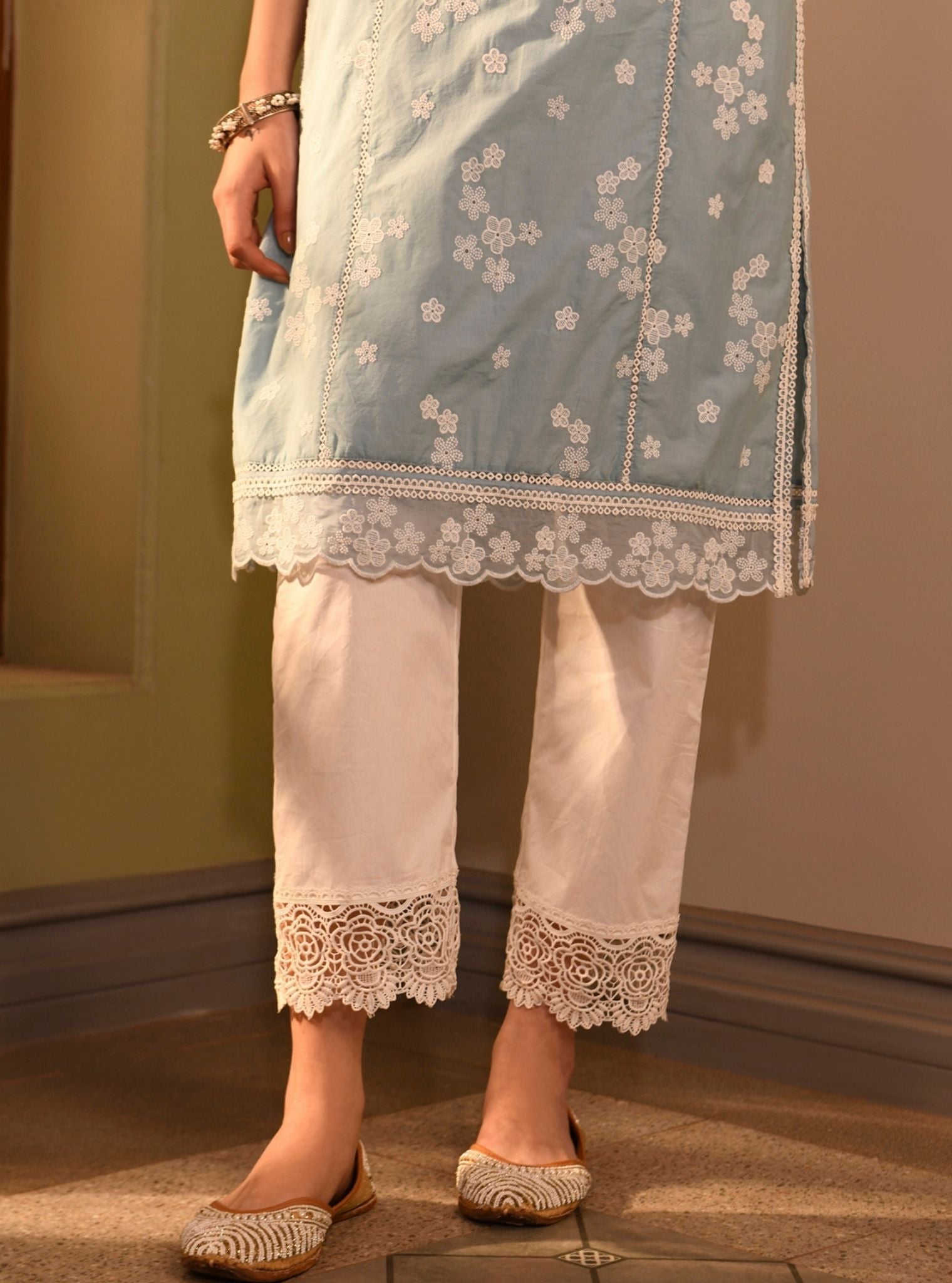 Mulmul Cotton Malisa Light Blue Kurta With Mulmul Cotton Floral Chemical Lace White Pant