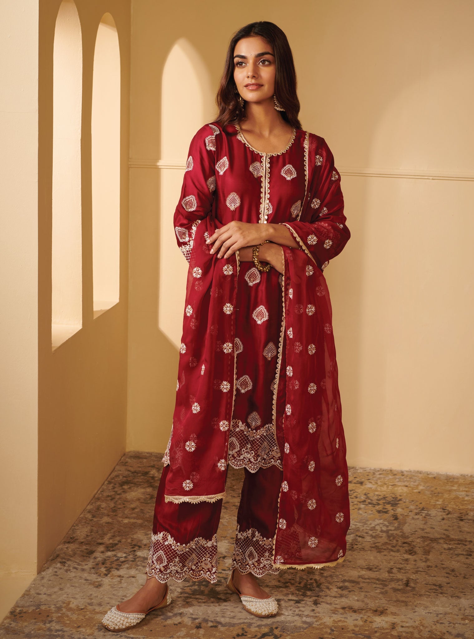 Mulmul Cupro Silk Atya Wine Kurta With Atya Wine Pant