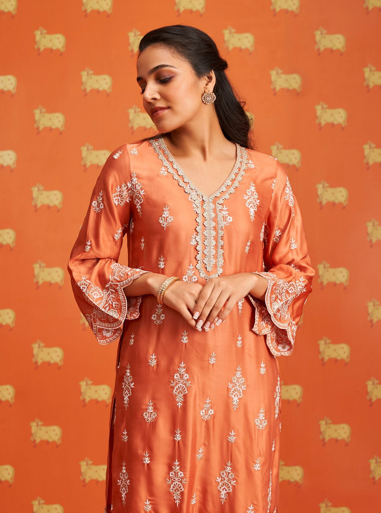 Mulmul Cupro Satin Emon Burnt Orange Kurta With Mulmul Cupro Satin Emon Burnt Orange Pant