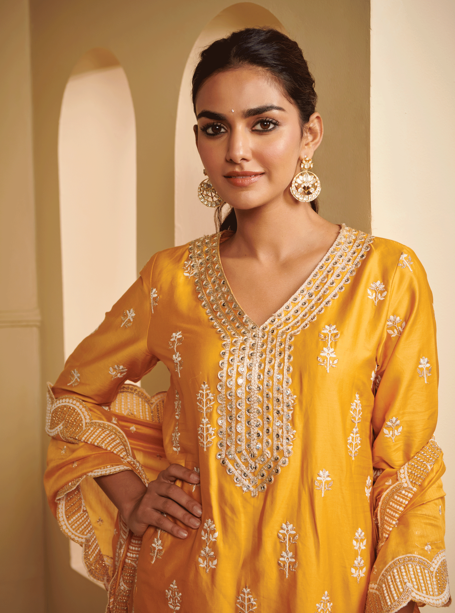 Mulmul Pima Satin Avathi Yellow Kurta With Avathi Yellow Garara