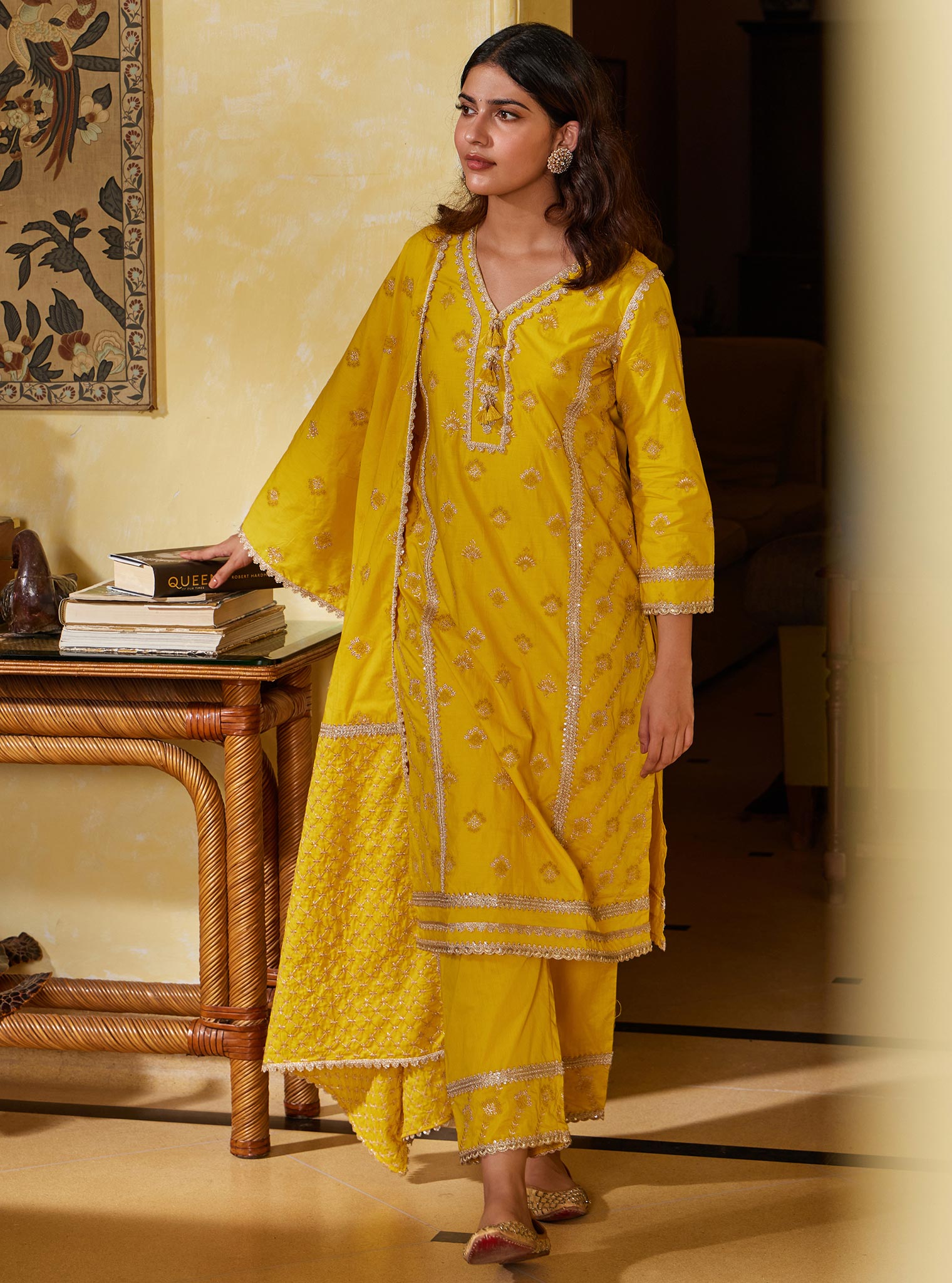 Mulmul Cotton Titli Yellow Kurta with Mulmul Cotton Titli Yellow Pant