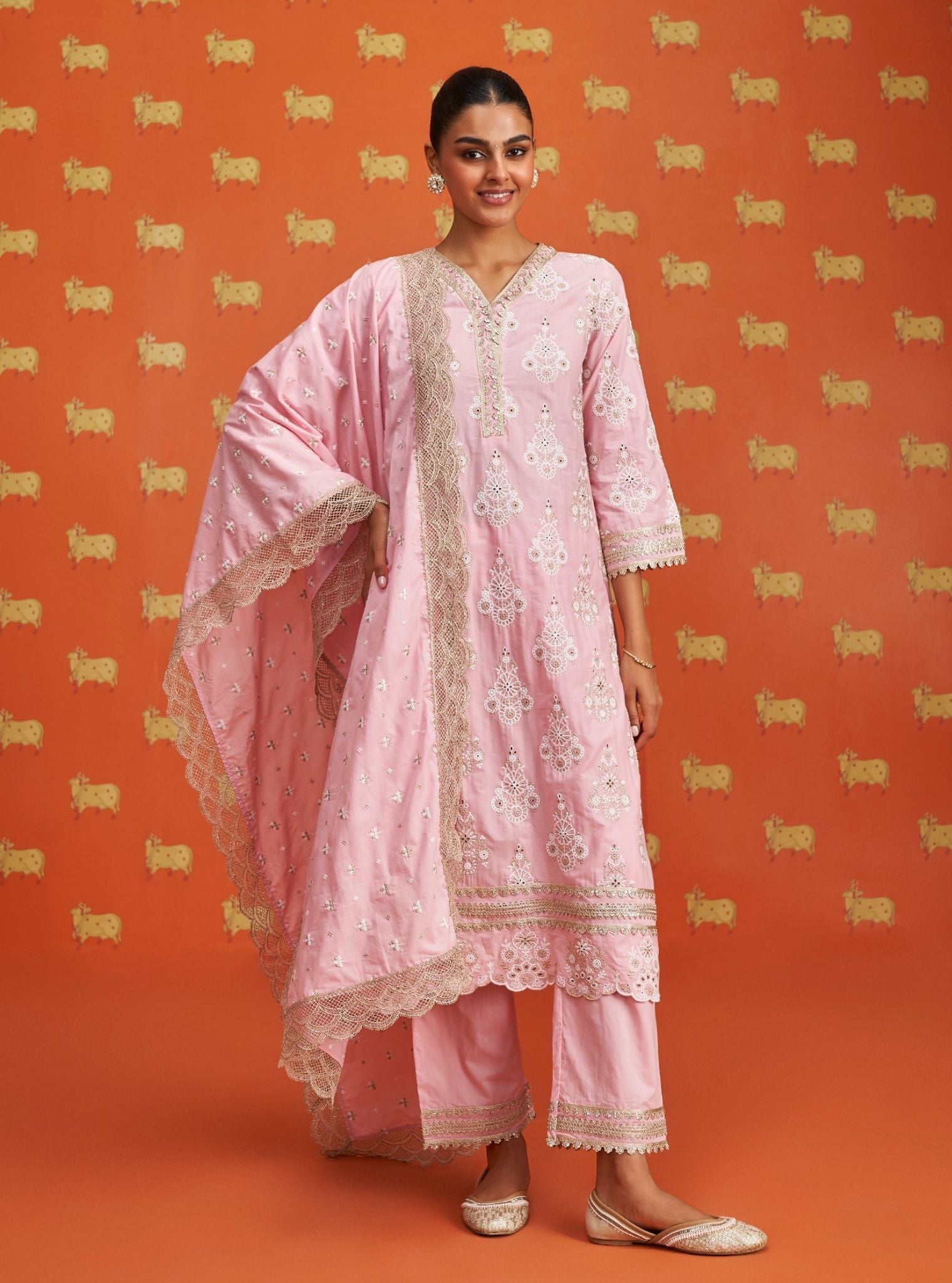 Mulmul Cotton Kaeo Pink Kurta With Mulmul Cotton Kaeo Pink Pant