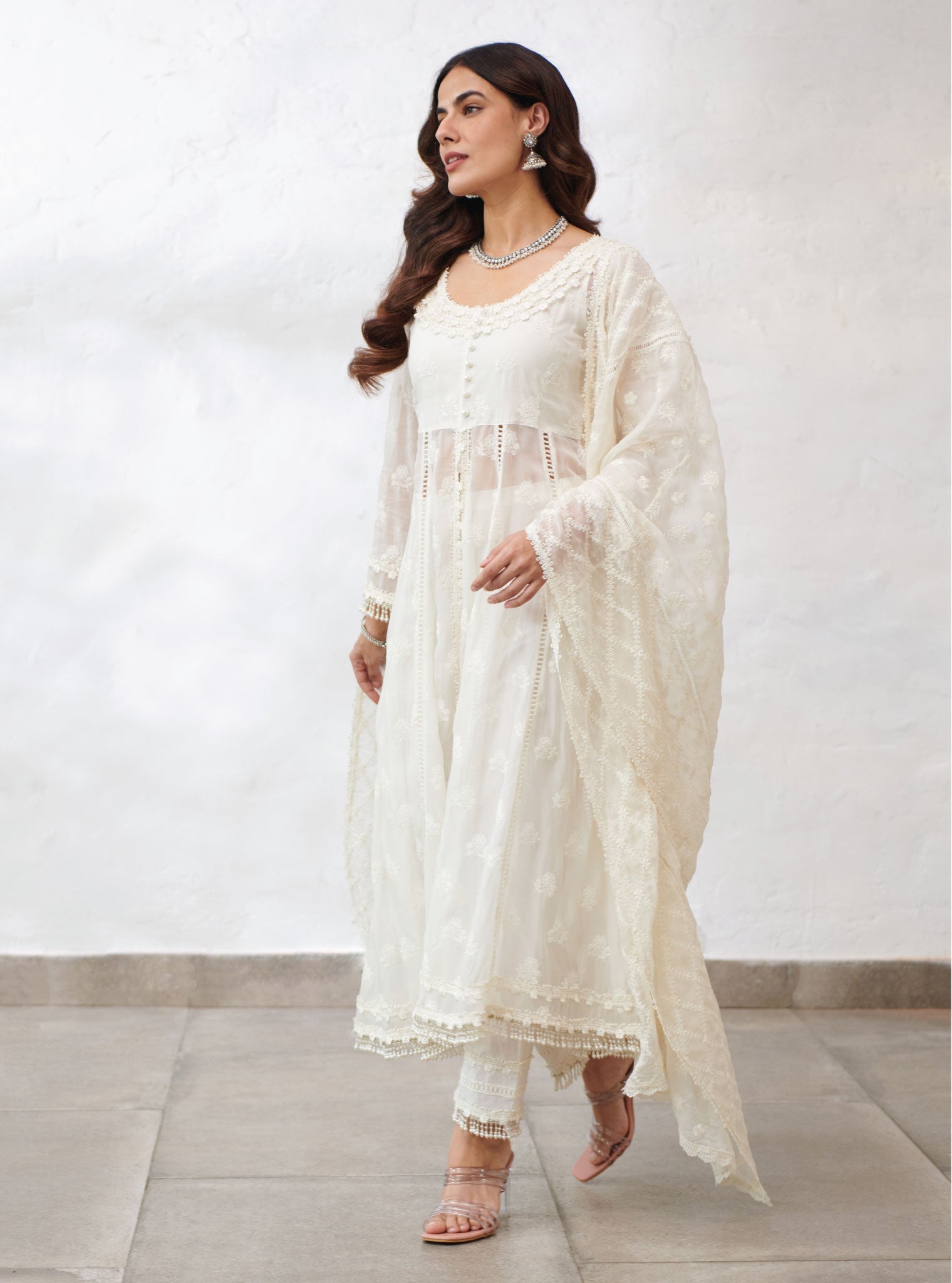 Mulmul Organza Somerset Off White Anarkali Kurta With Cotton Somerset Off White Pant