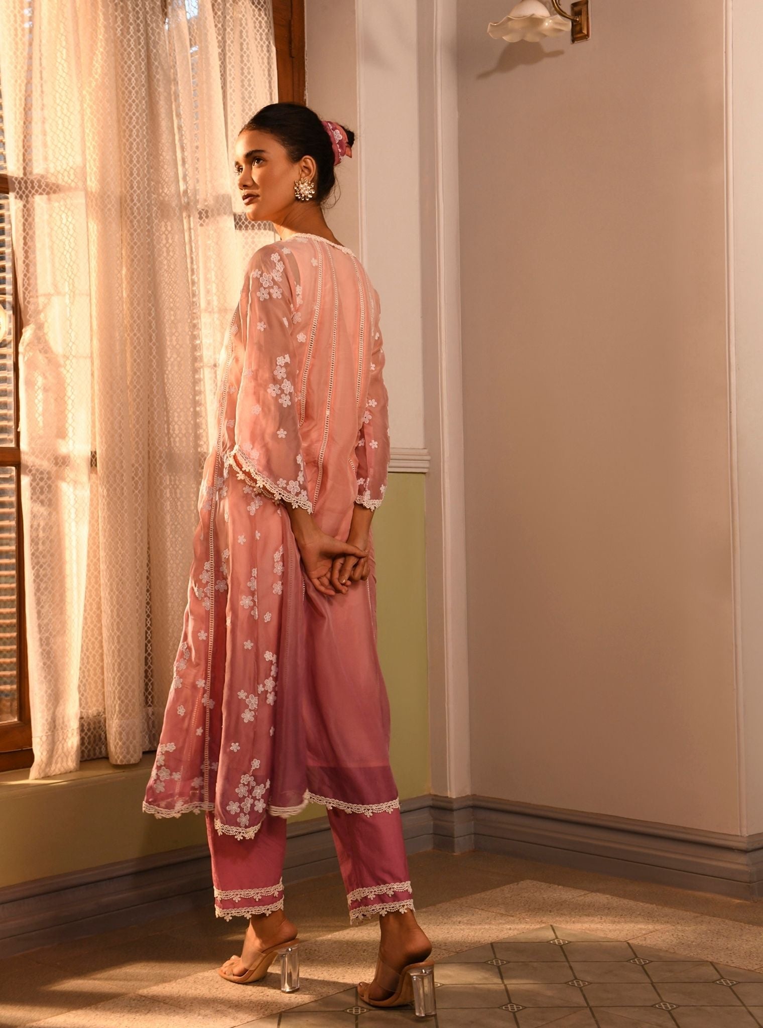 Mulmul Organza Aira Pink Anarkali  Kurta With Mulmul Cotton Aira Pink Pant