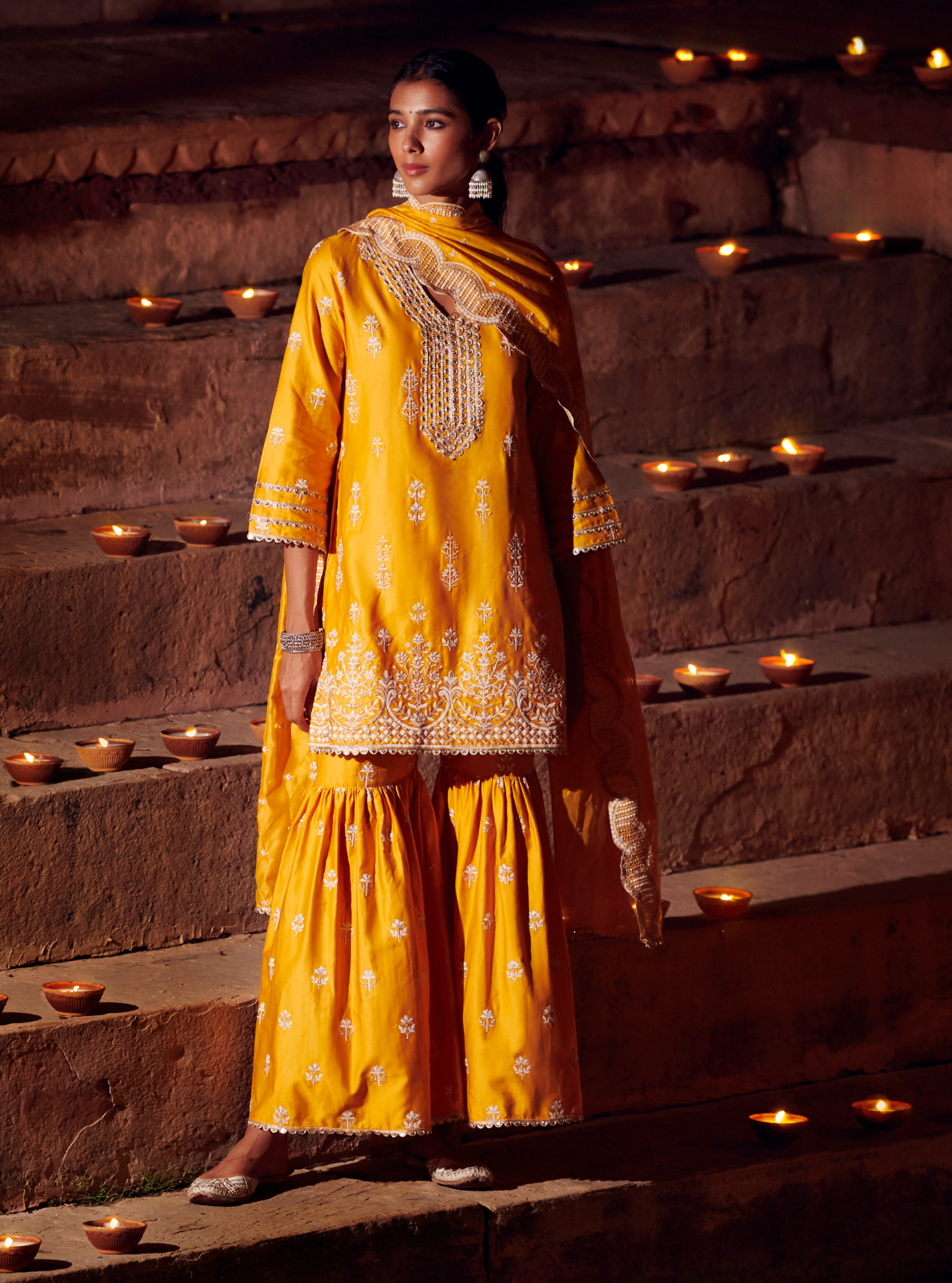 Mulmul Pima Satin Avathi Yellow Kurta With Avathi Yellow Garara