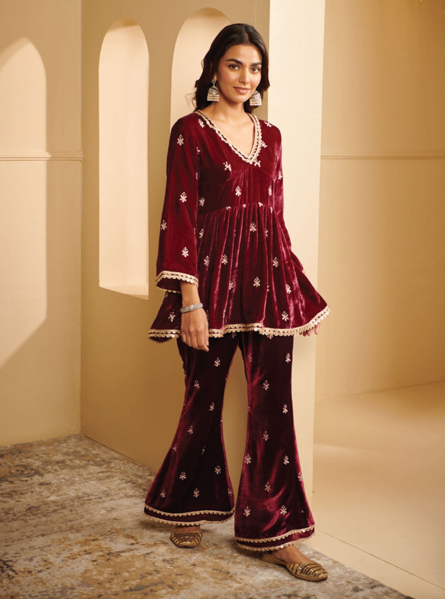 Mulmul Velvet Mysa Wine Kurta With Mysa Wine Pant