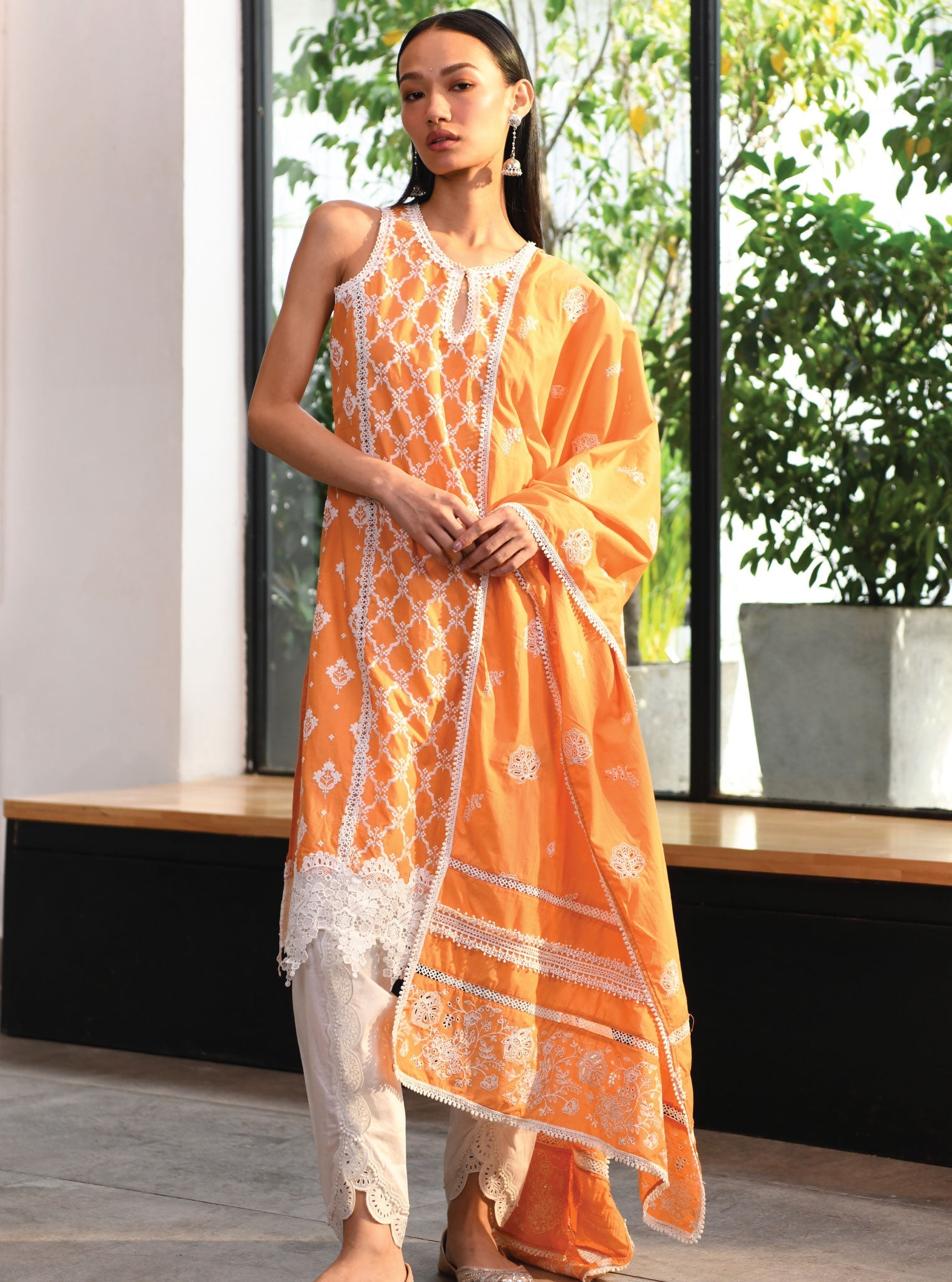 Mulmul Cotton Newry Orange Kurta With Border White Dhoti Pant