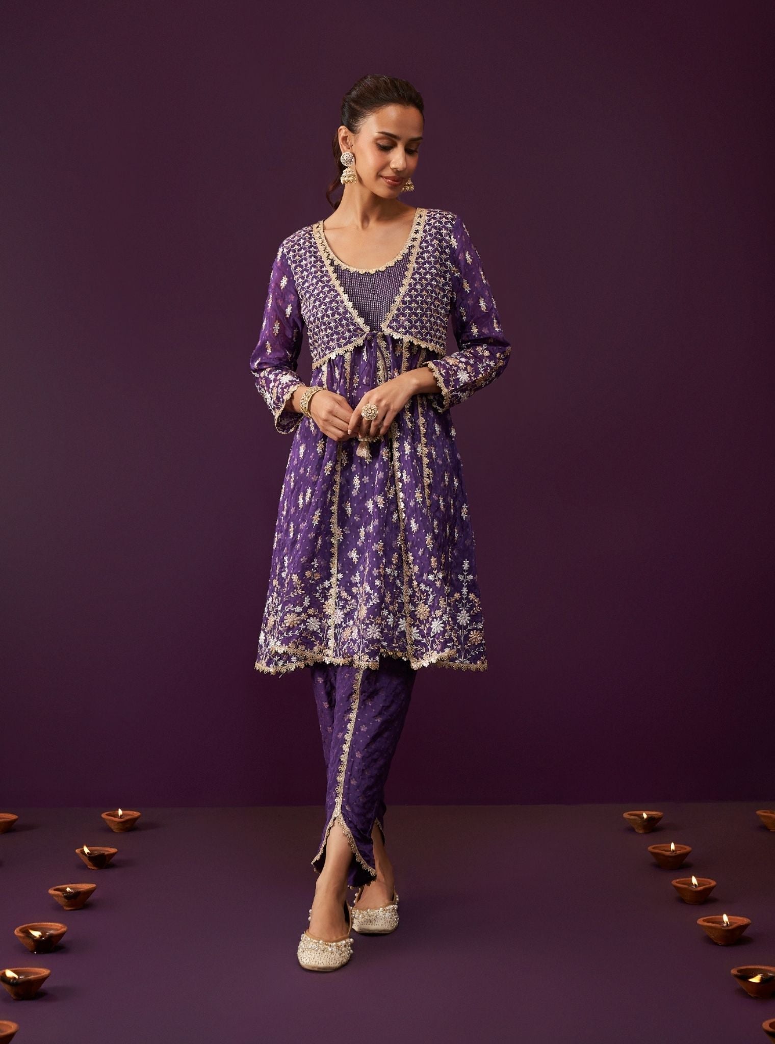 Mulmul Banarsi Nyah Purple Short Anarkali Kurta With Mulmul Banarsi Nyah Purple Dhoti Pant