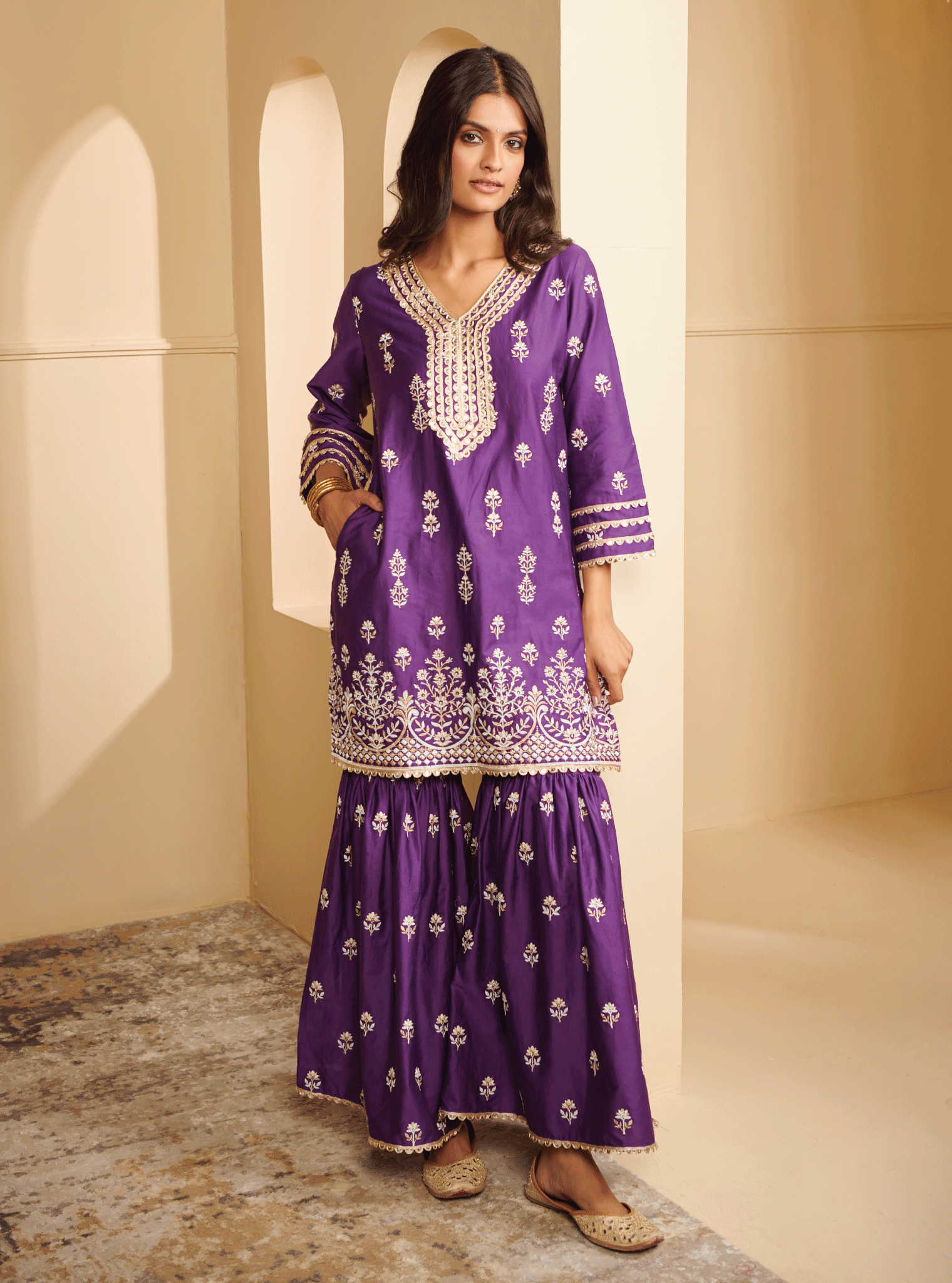 Mulmul Pima Satin Avathi Purple Kurta With Avathi Purple Garara