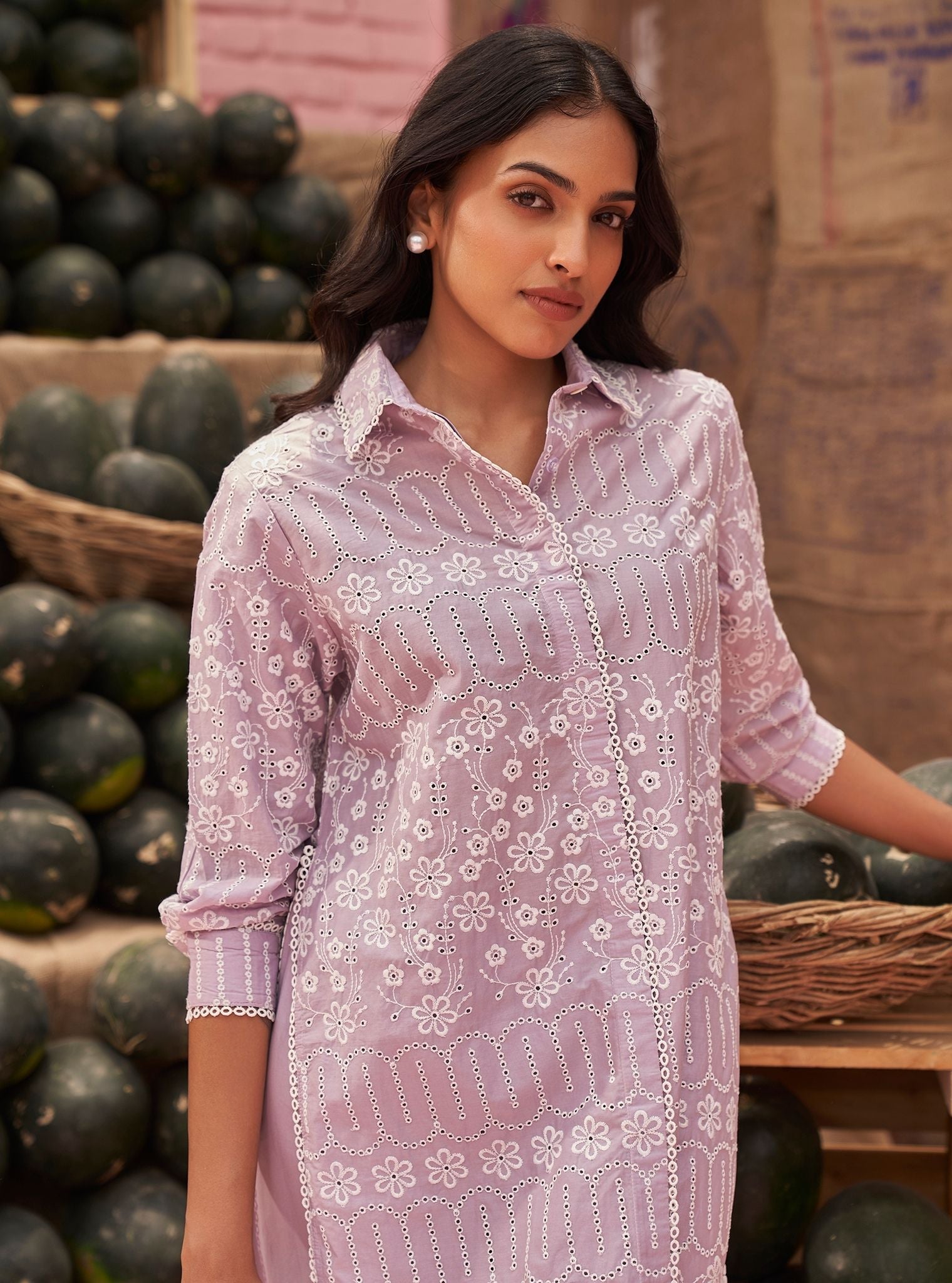 Mulmul Cotton Heli Lilac Long Kurta