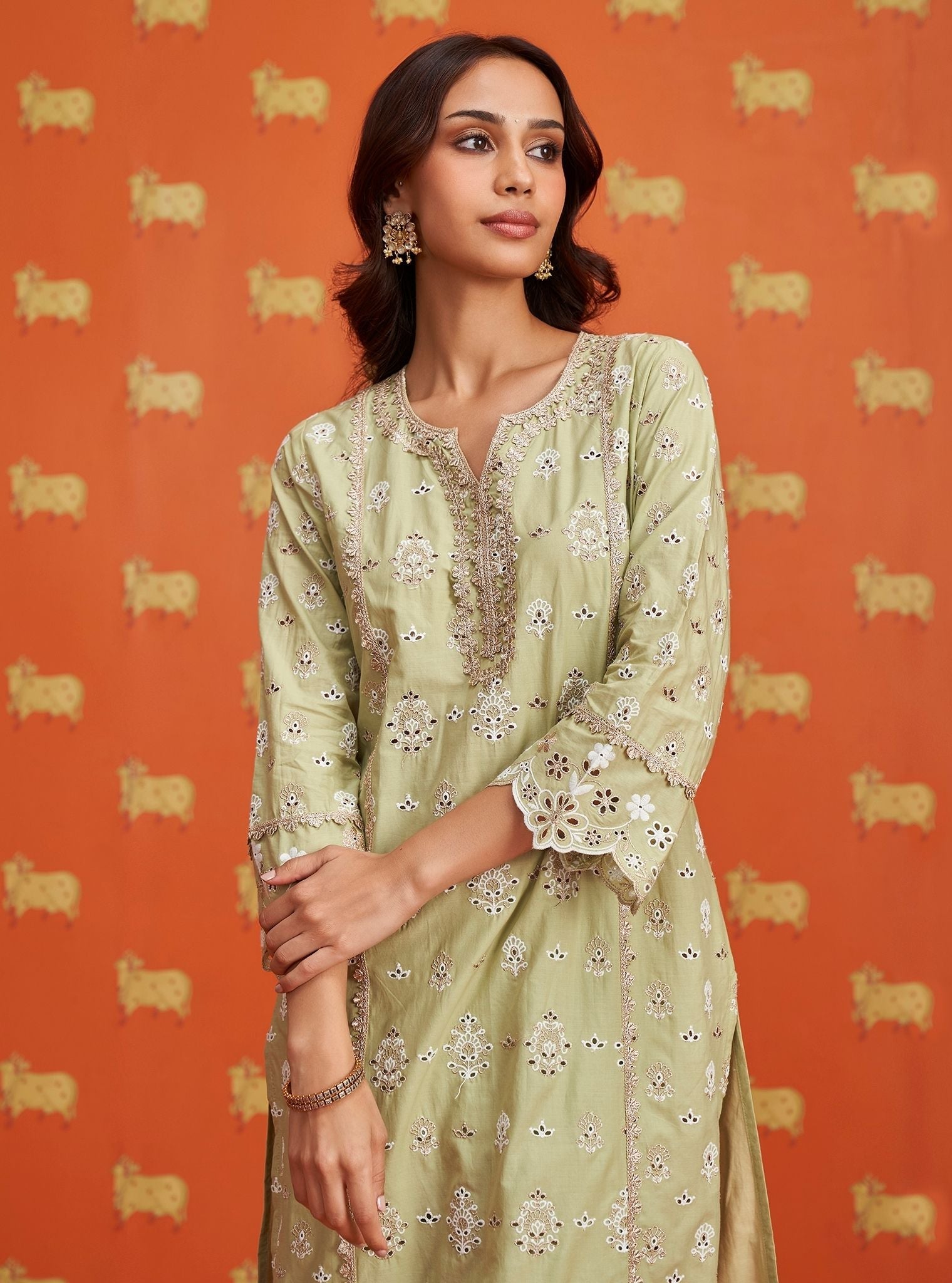 Mulmul Cotton Lamai Green Kurta With Mulmul Cotton Lamai Green Pant