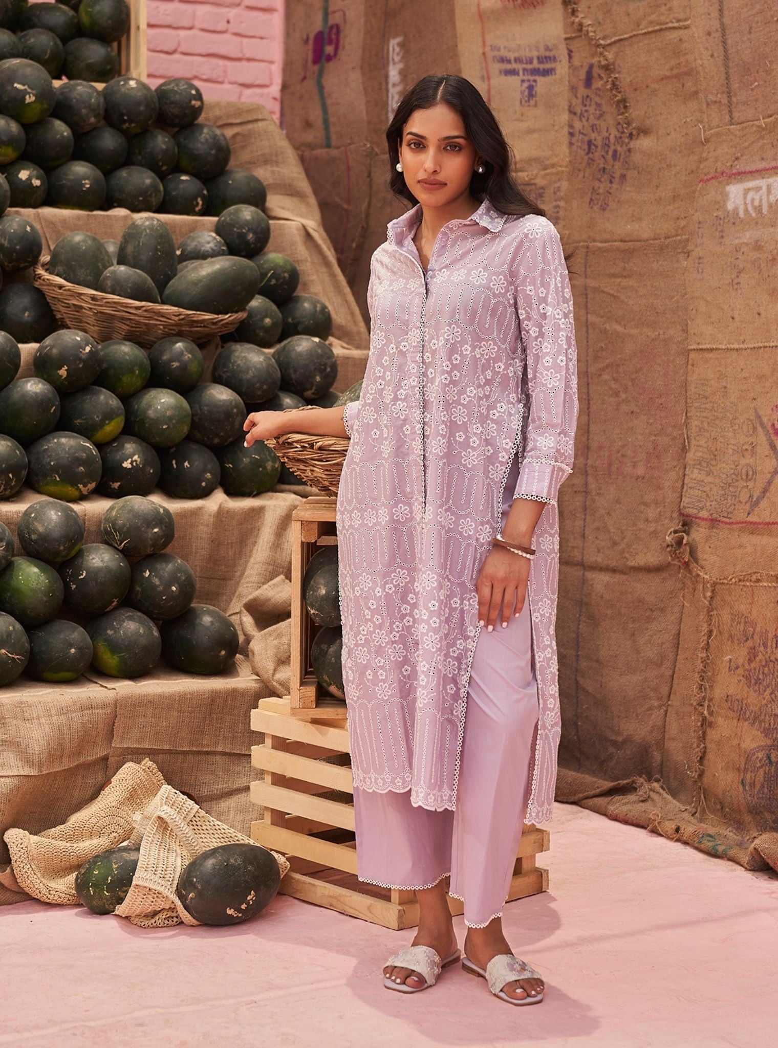 Mulmul Cotton Heli Lilac Long Kurta