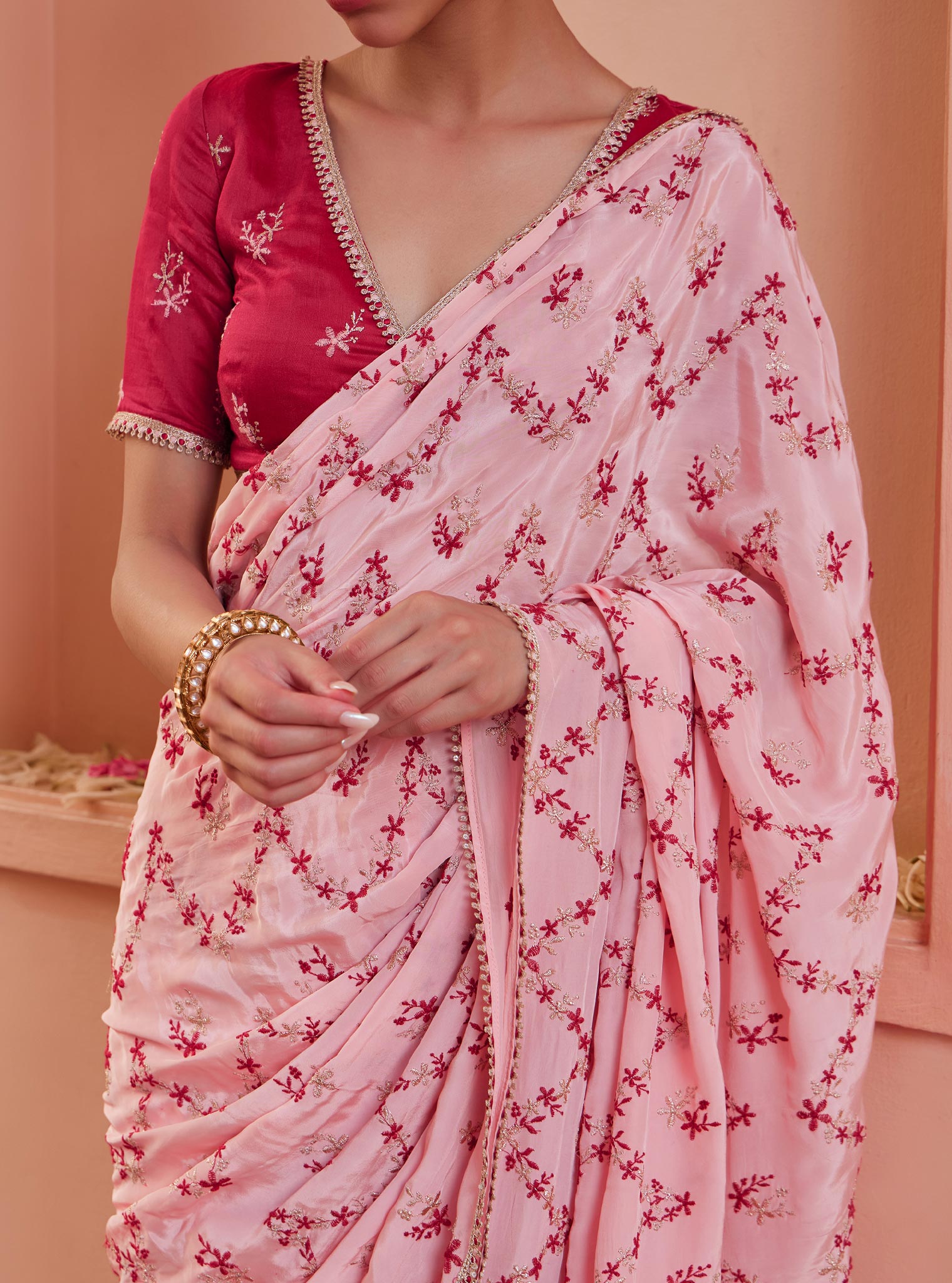 Mulmul Crepe Tavisi Pink Pre-Stitched Saree