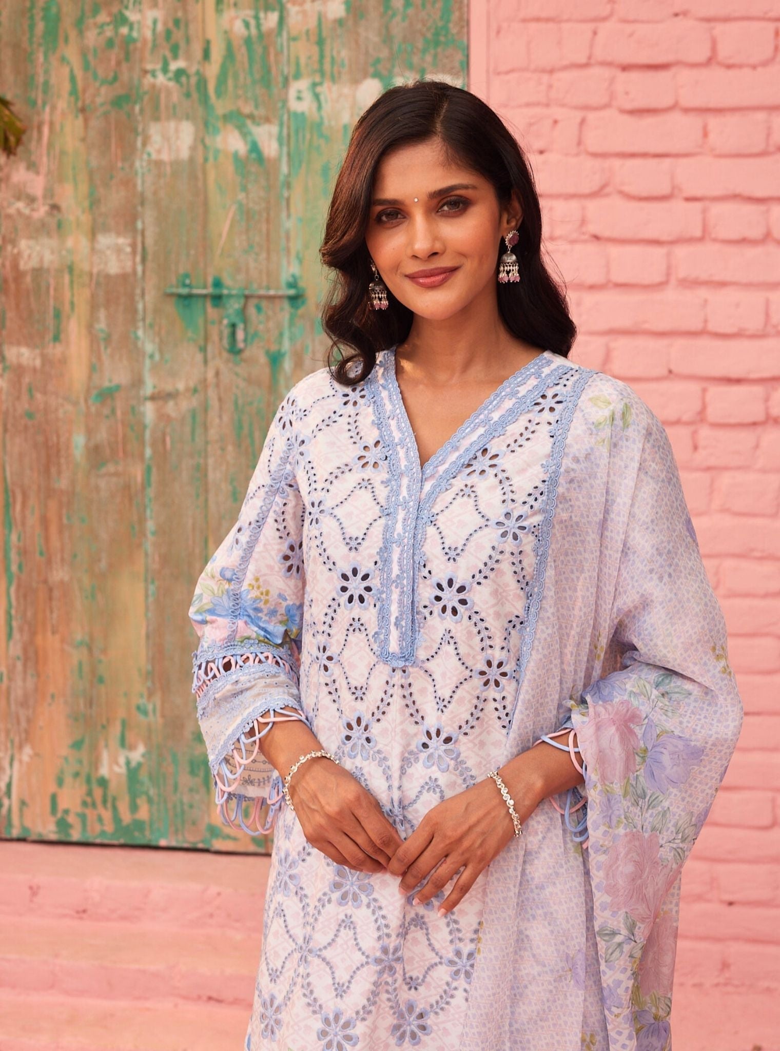 Mulmul Cotton Printed Poema White Kurta With Mulmul Cotton Poema White Pant