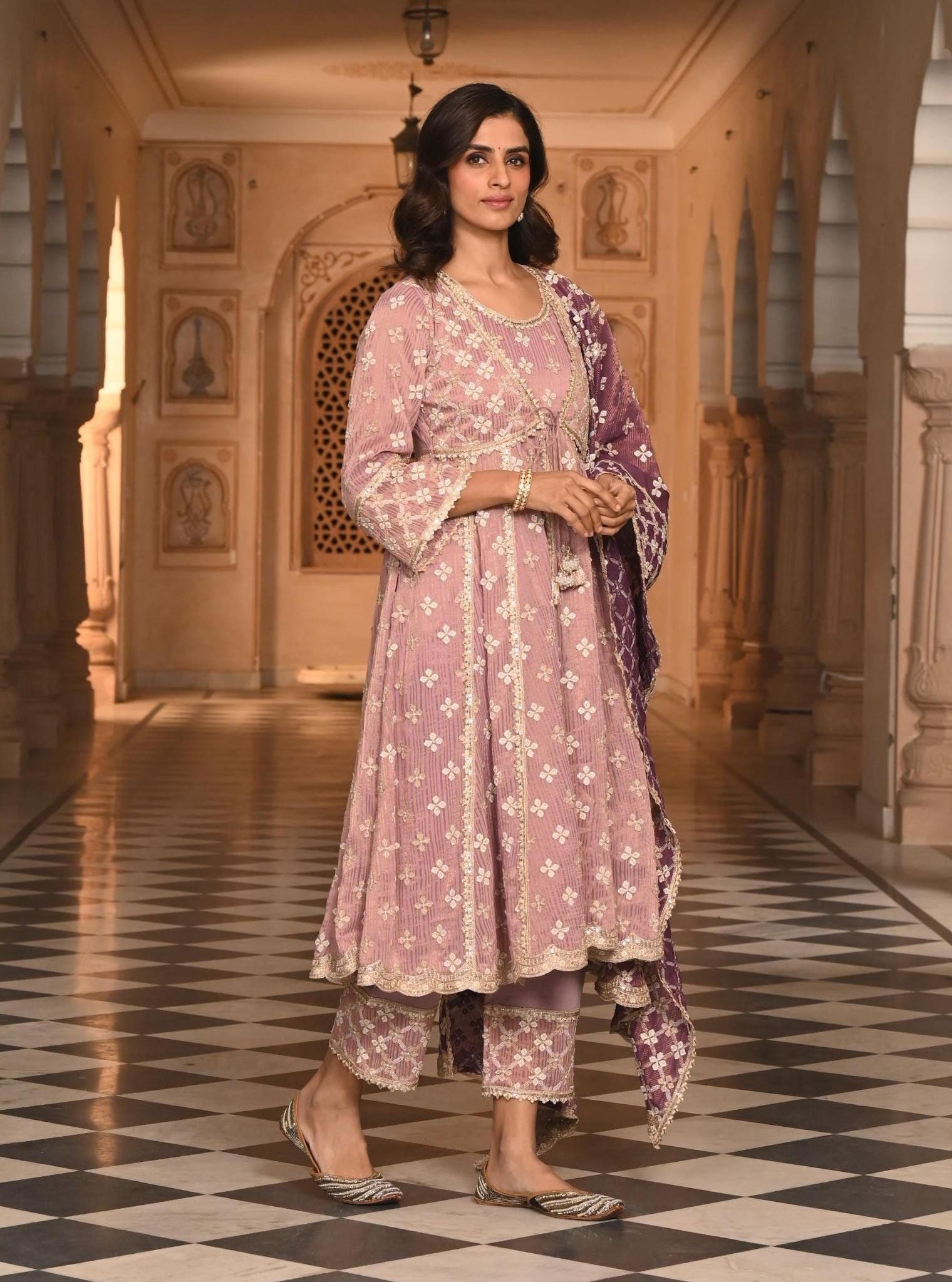 Mulmul Banarsi Bhumbro Lilac Anarkali Kurta with Mulmul Pima Satin Bhumbro Lilac Pant