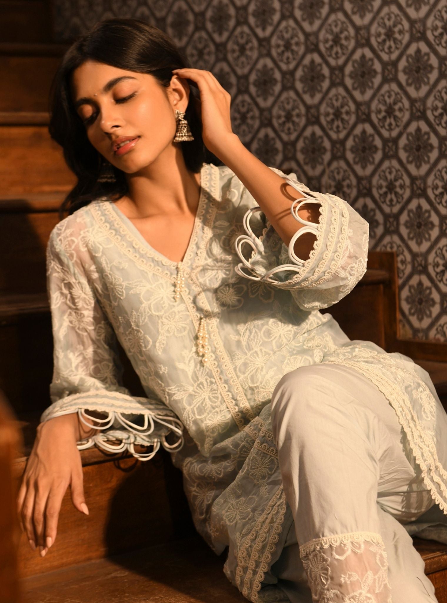 Mulmul Organza Alma Light Blue Kurta With Mulmul Cotton Alma Light Blue Pant