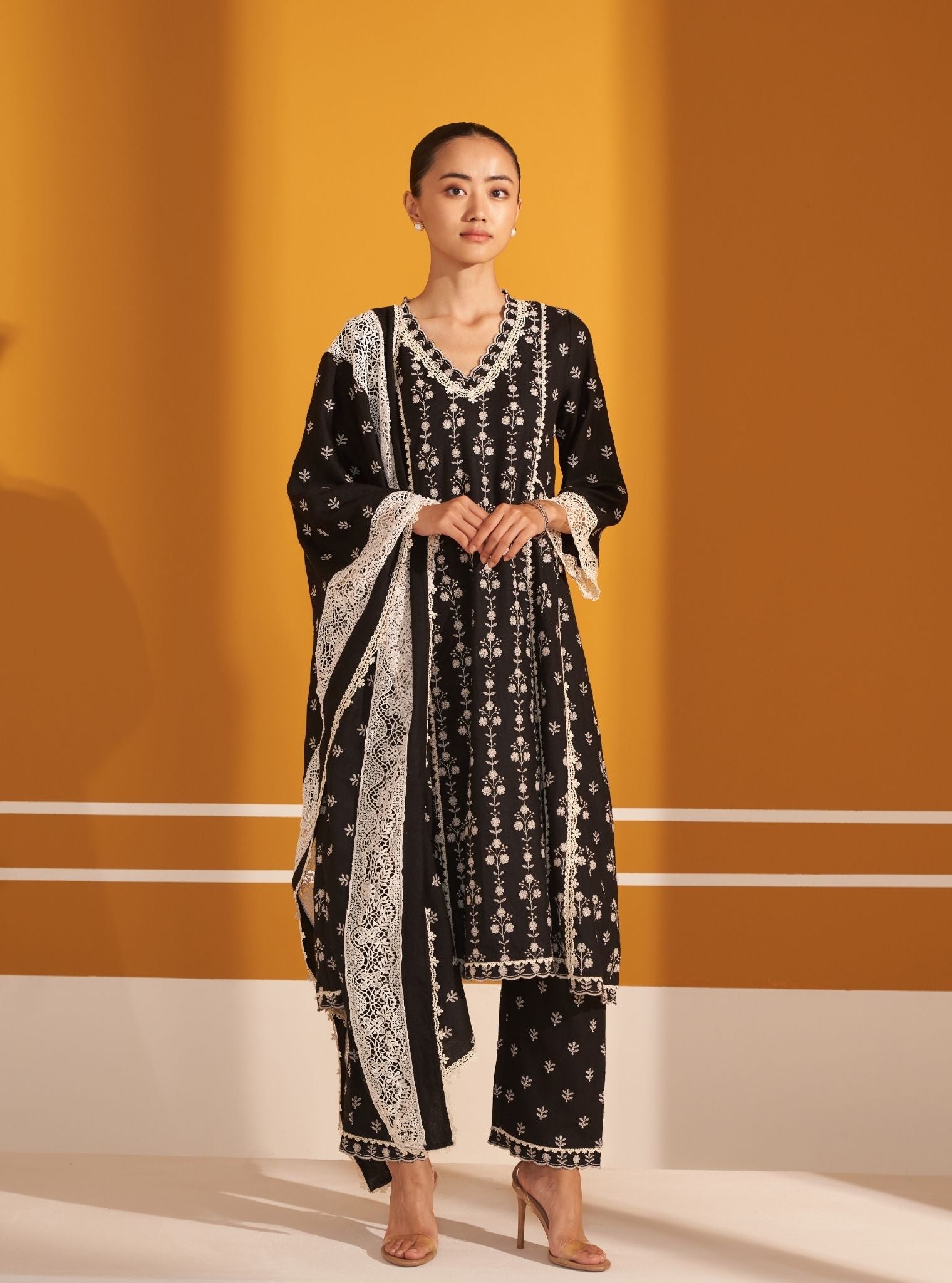 Mulmul Wool Selby Black Kurta With Mulmul Wool Selby Black Pant