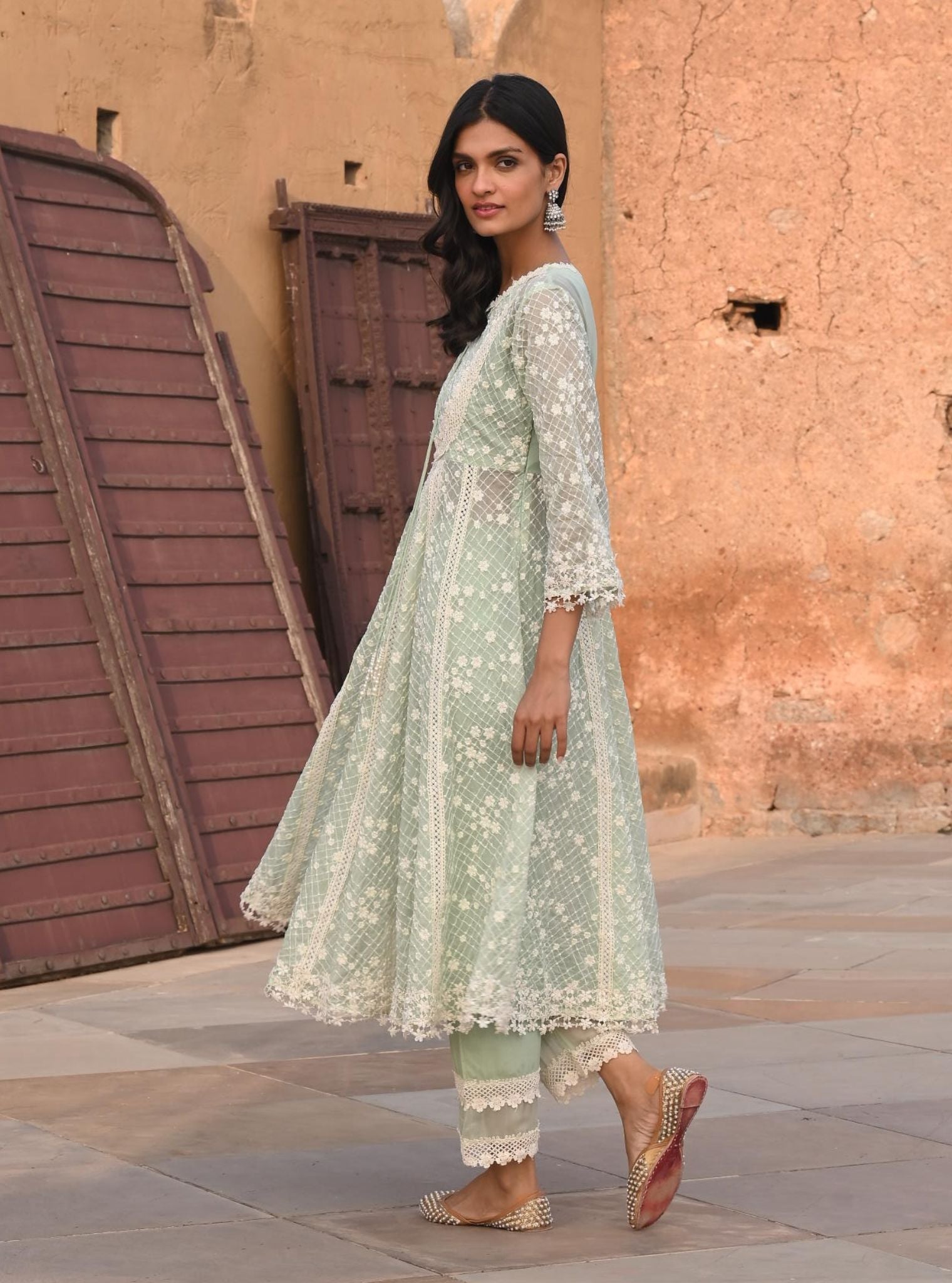 Mulmul Organza Zola Green Anarkali Kurta With Mulmul Cotton Zola Green Pant