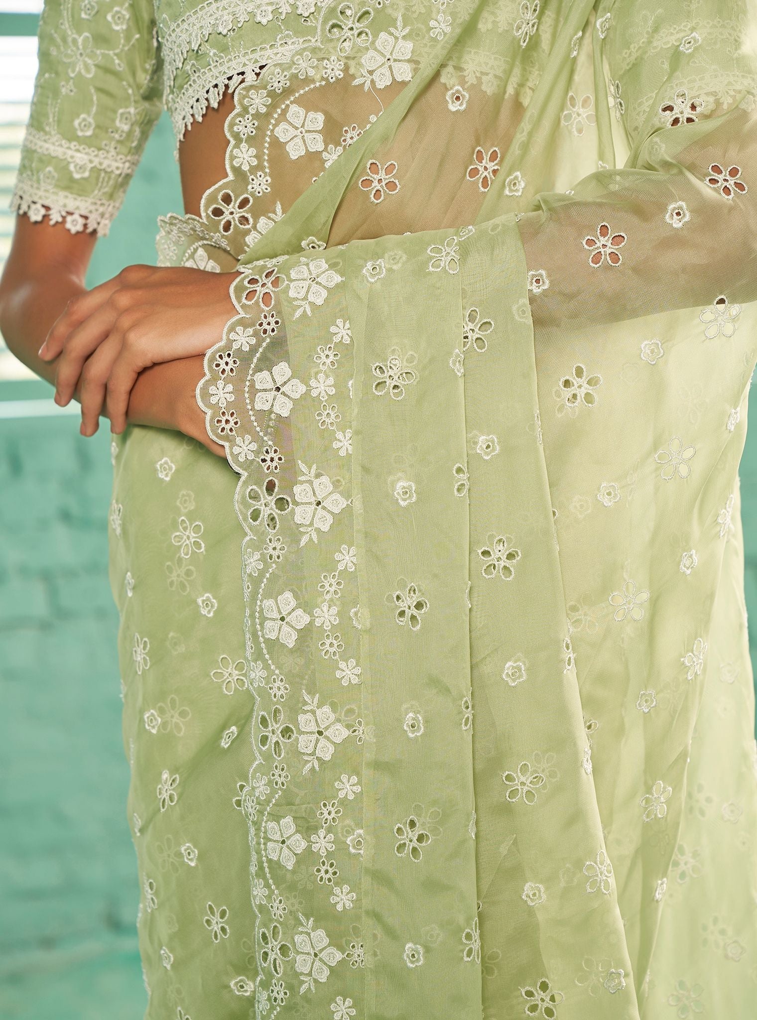 Mulmul Organza Leia Green Saree