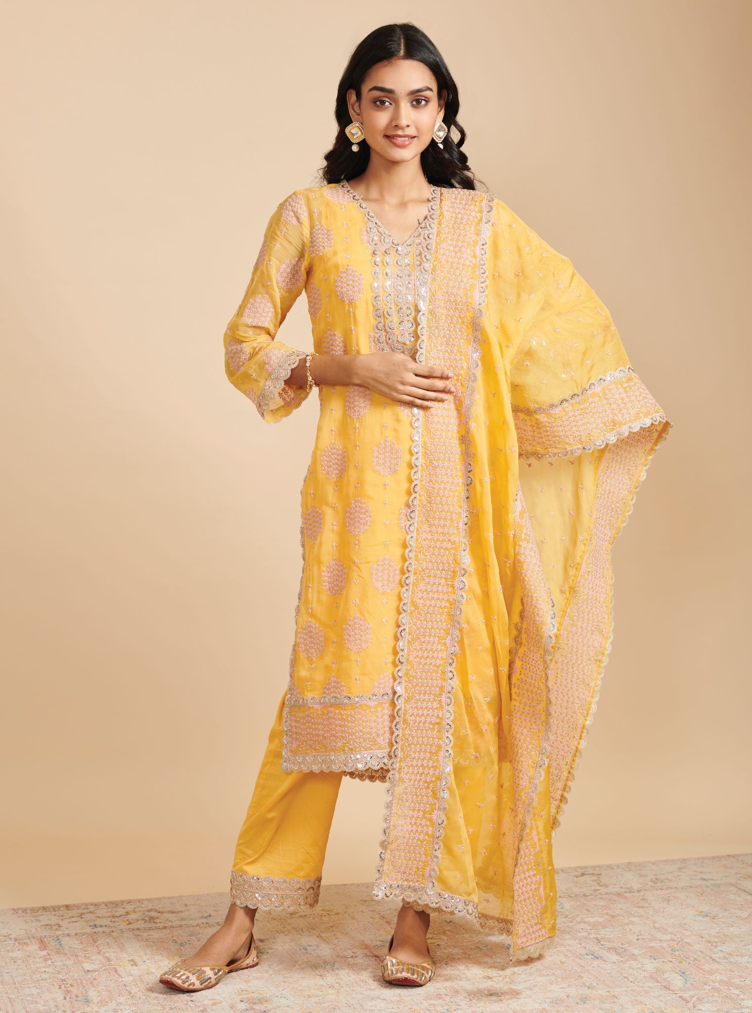 Mulmul Organza Shagna Yellow Kurta With Mulmul Pima Shagna Yellow Pant