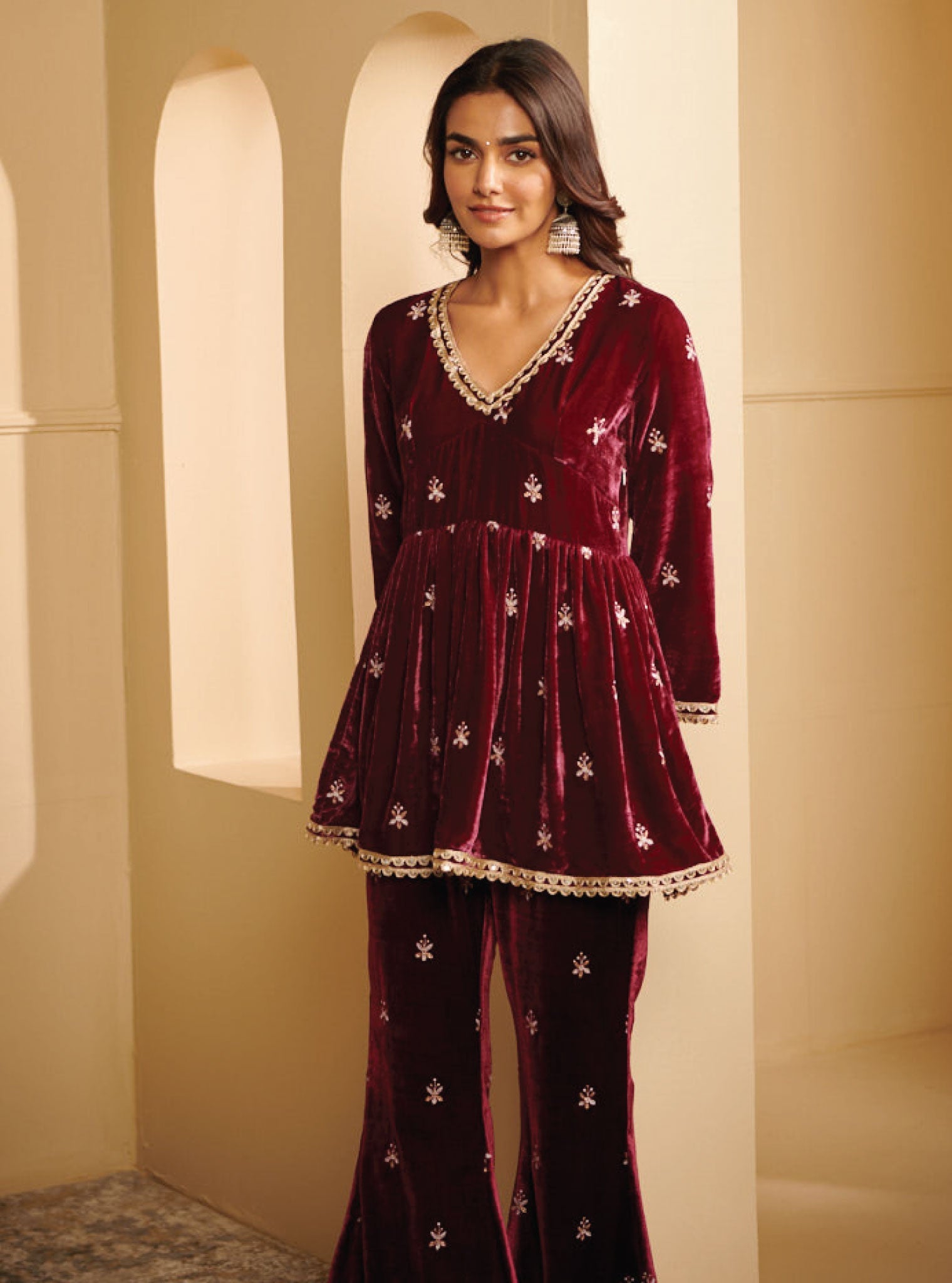 Mulmul Velvet Mysa Wine Kurta With Mysa Wine Pant