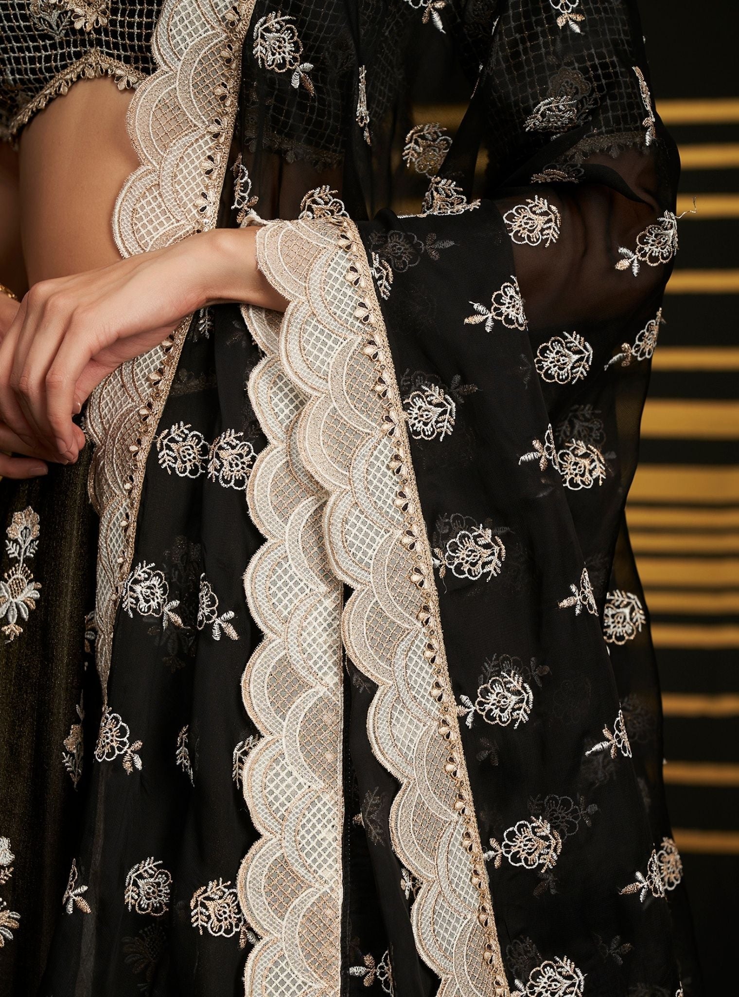 Mulmul Luxe Tissue Sathi Black Lehenga