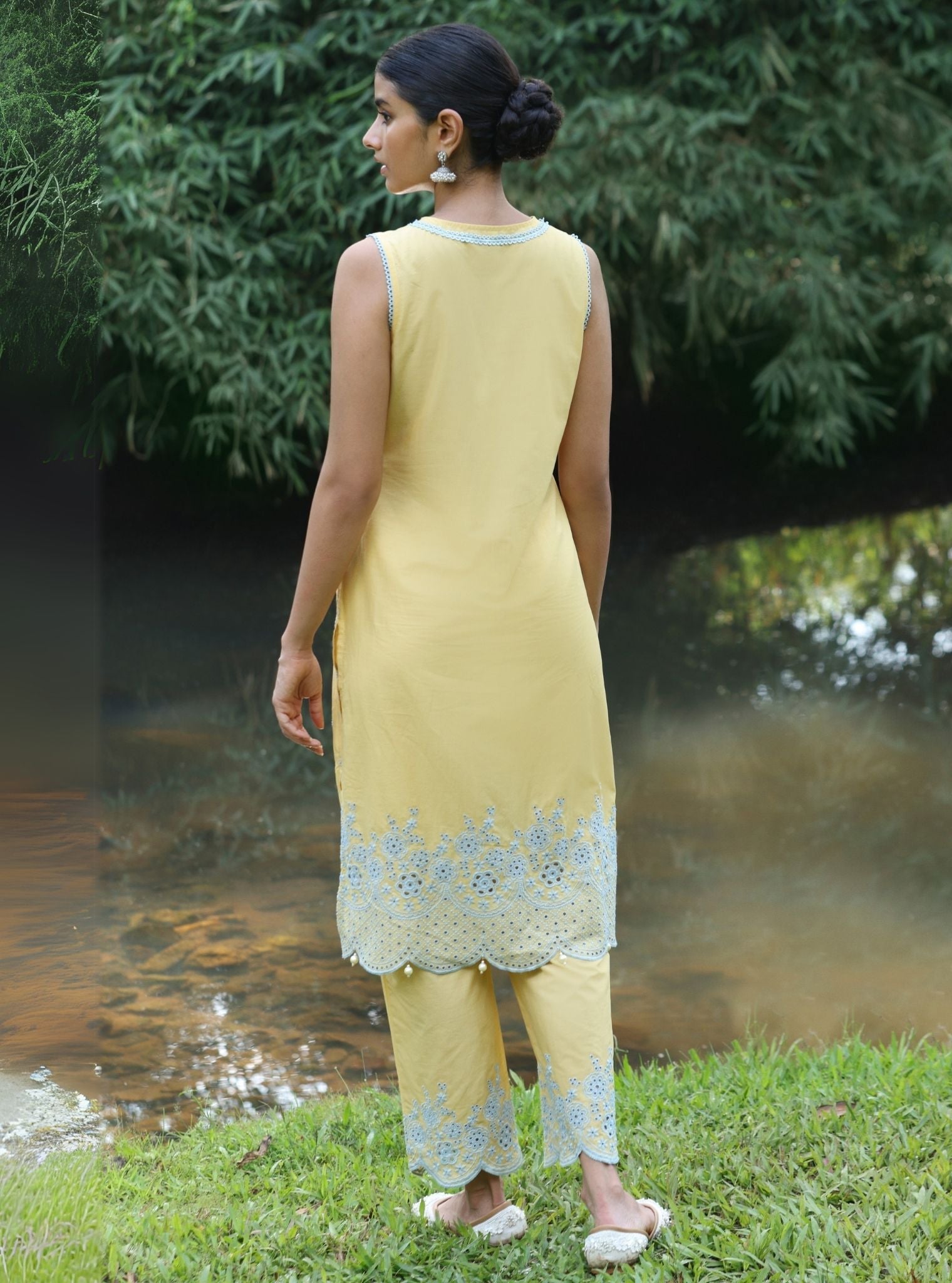 Mulmul Cotton Kora Yellow Kurta With Mulmul Cotton Kora Yellow Pant