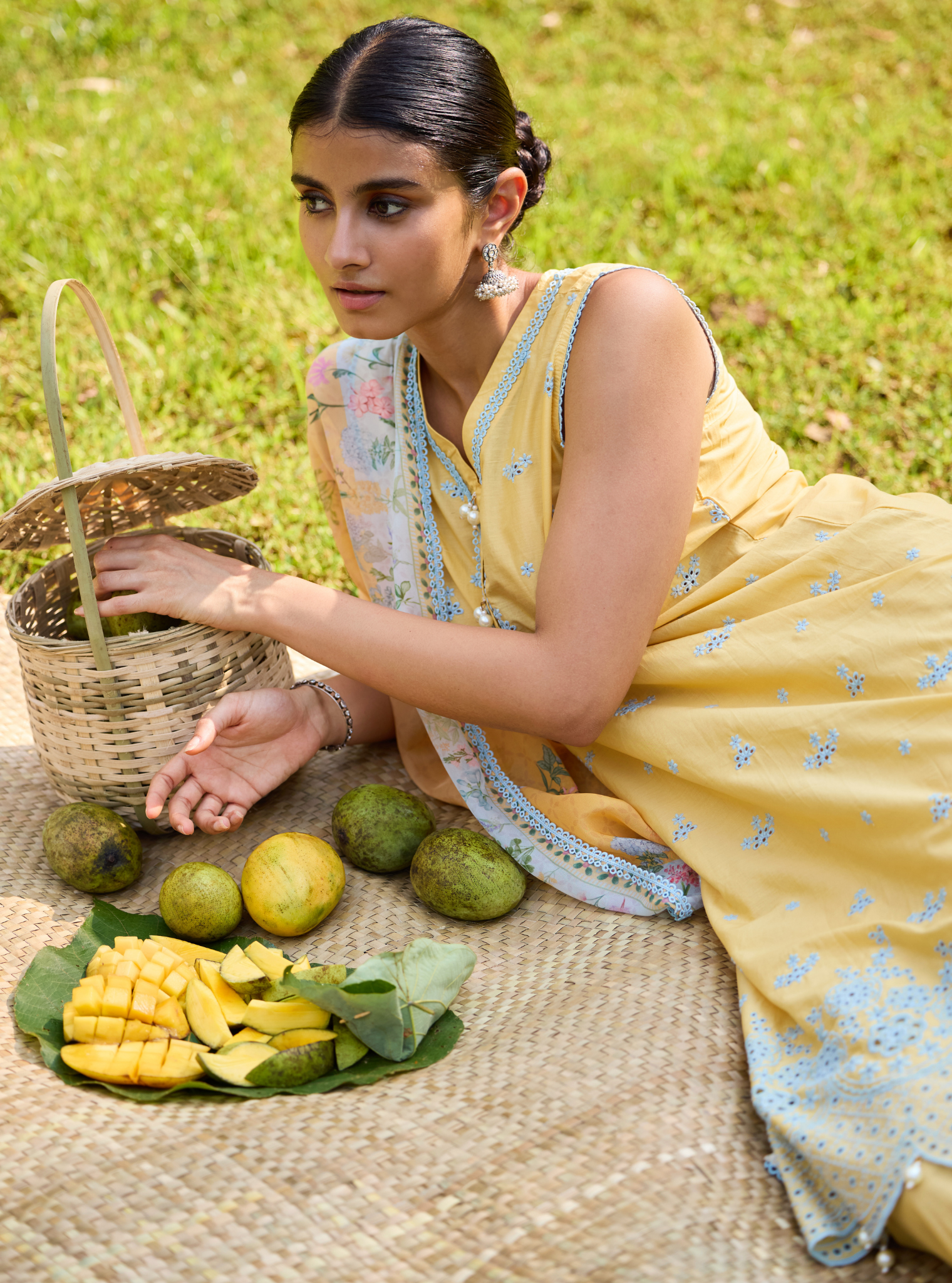 Mulmul Cotton Kora Yellow Kurta With Mulmul Cotton Kora Yellow Pant