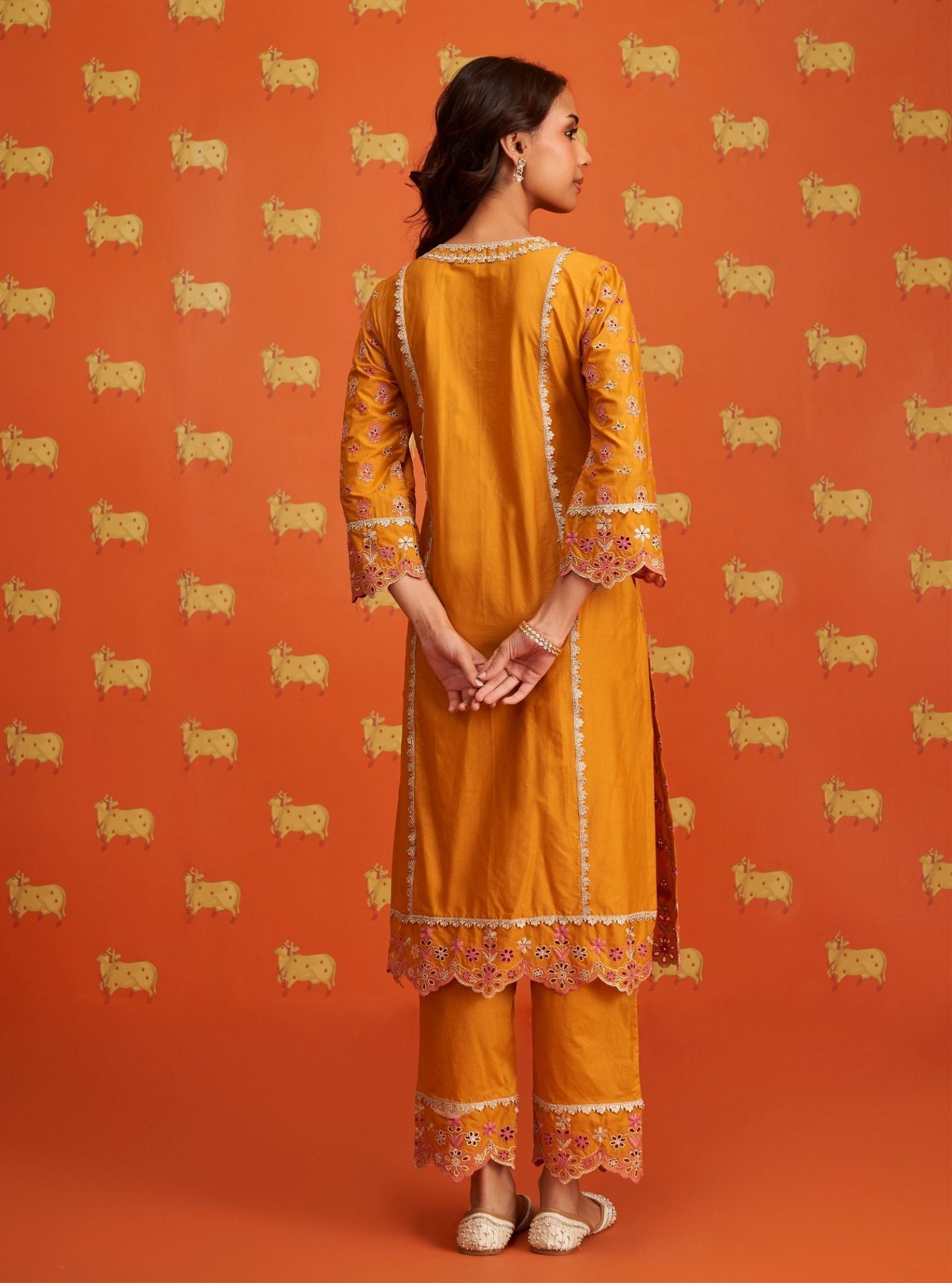 Mulmul Cotton Lamai Orange Kurta With Mulmul Cotton Lamai Orange Pant