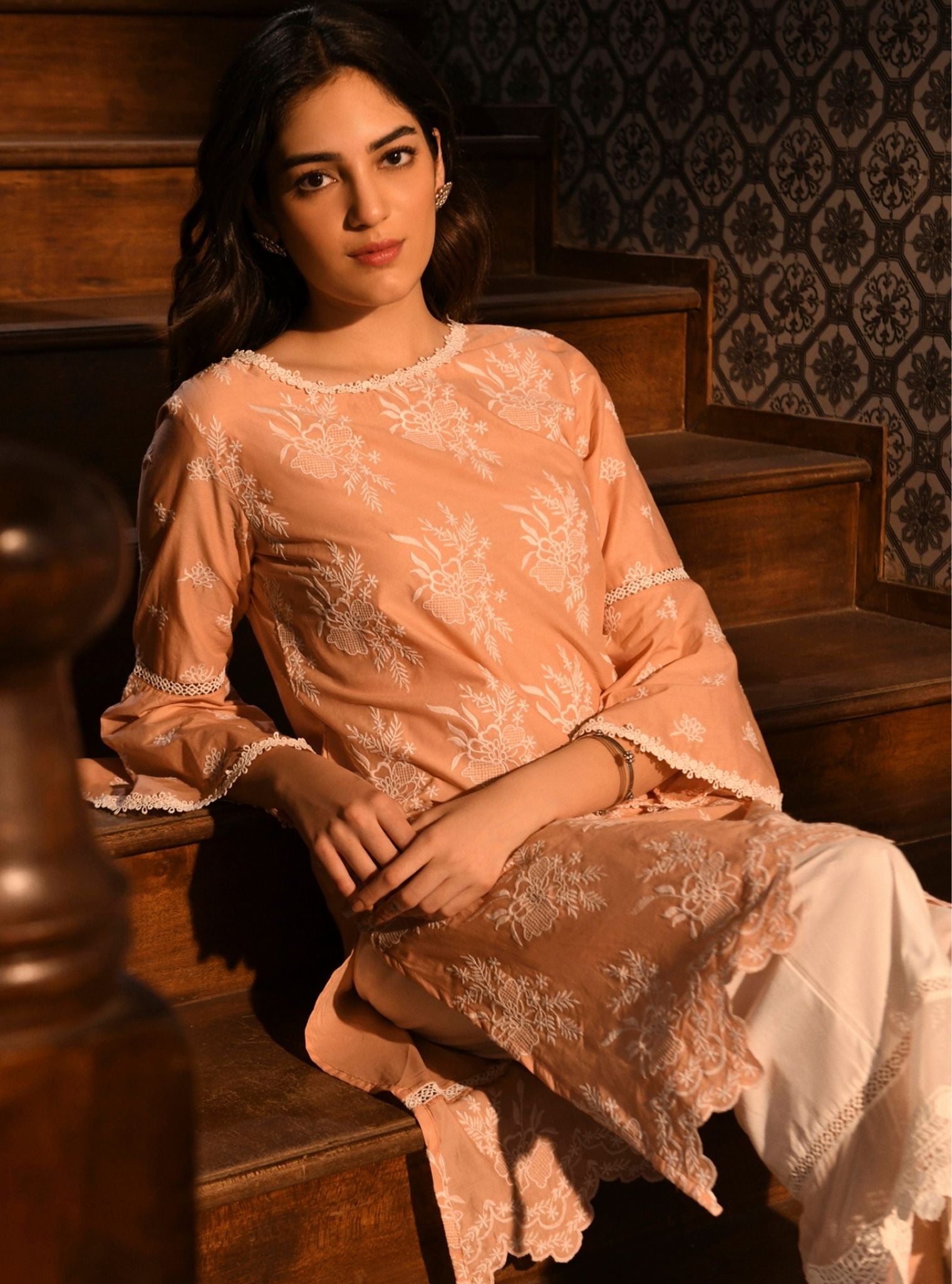 Mulmul Cotton Anisa Peach Kurta With Mulmul Cotton Floral Lace Flared White Pant