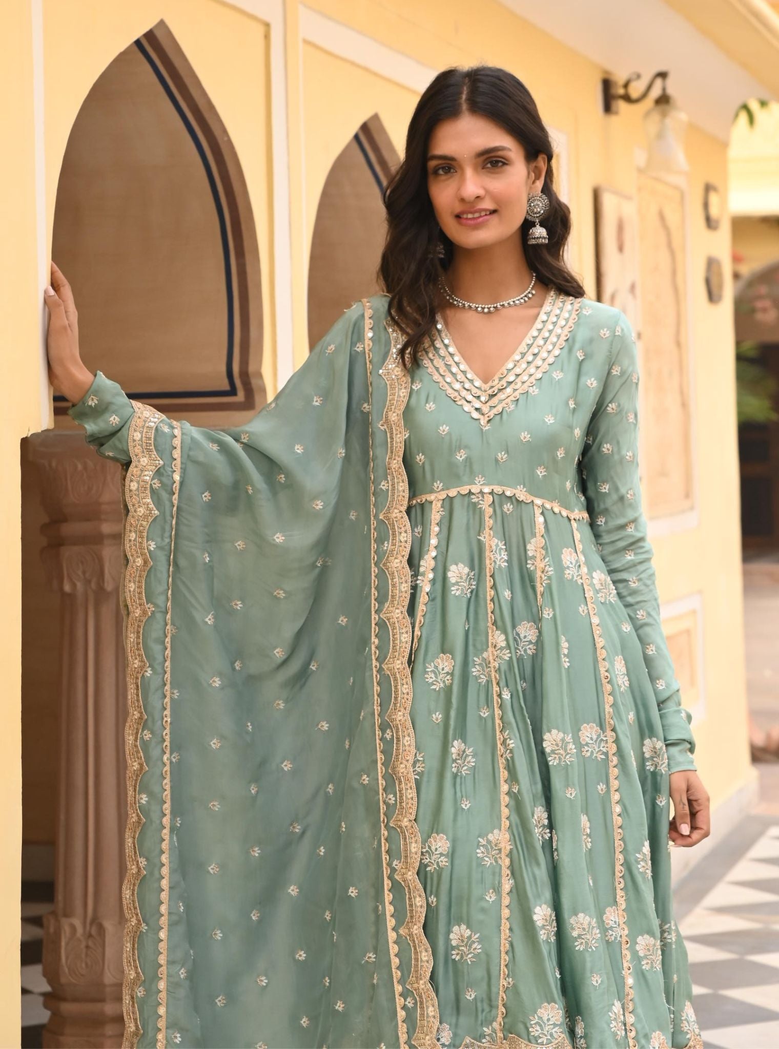 Mulmul Organza Satin Tareefan Teal Blue Anarkali Kurta with Mulmul Modal Satin Tareefan Teal Blue Pant