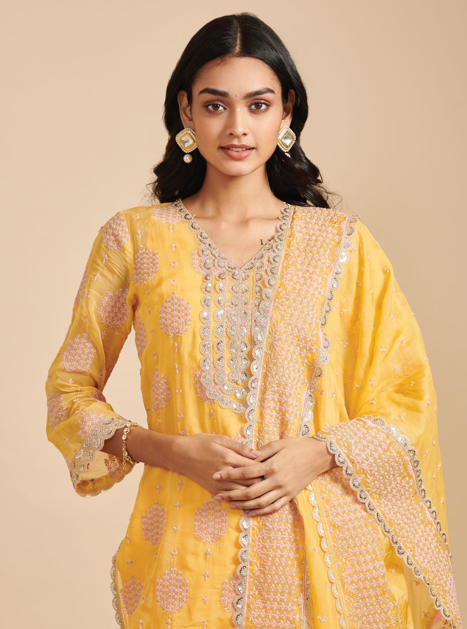 Mulmul Organza Shagna Yellow Kurta With Mulmul Pima Shagna Yellow Pant