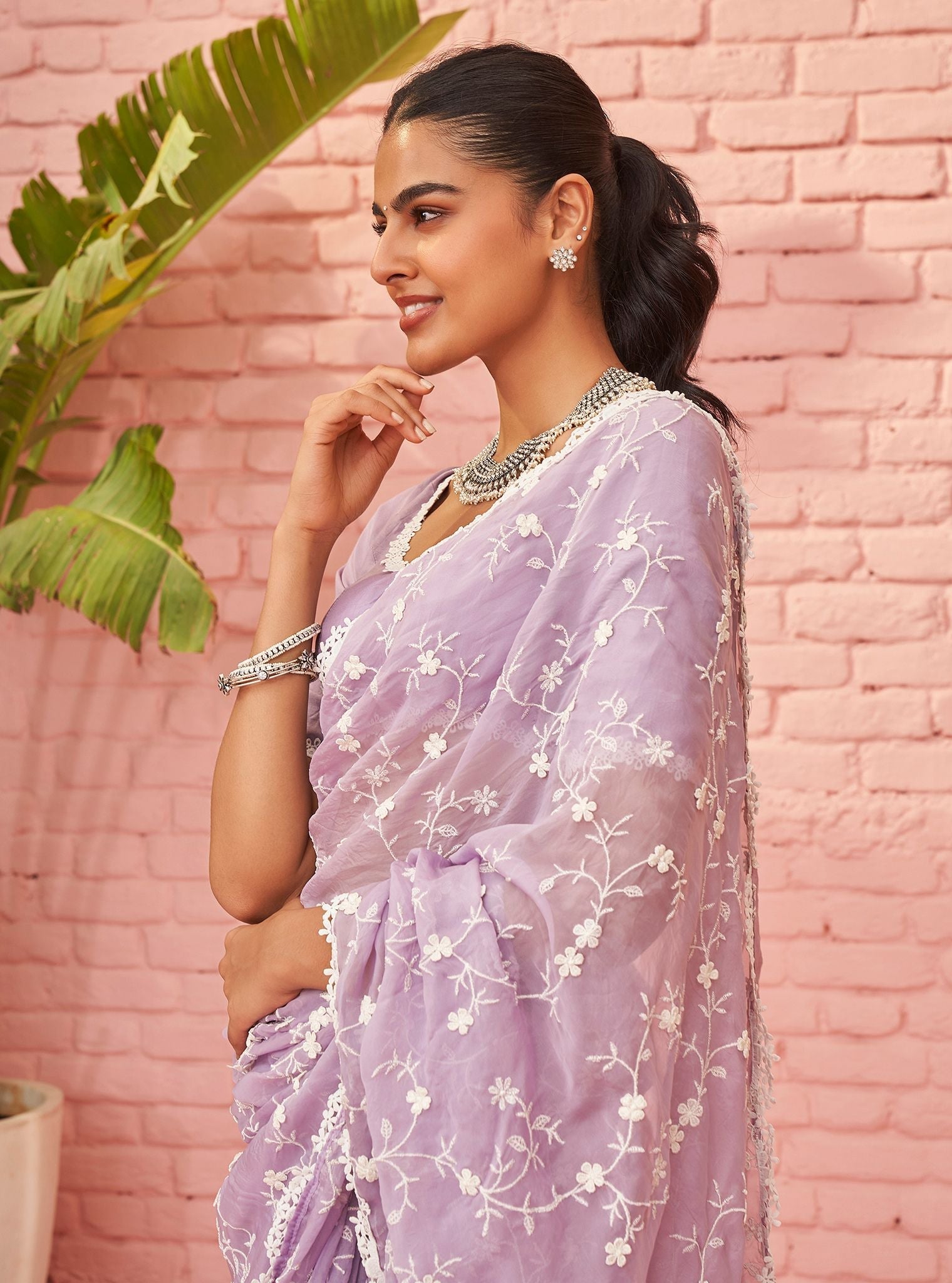 Mulmul Organza Satika Lavender Saree